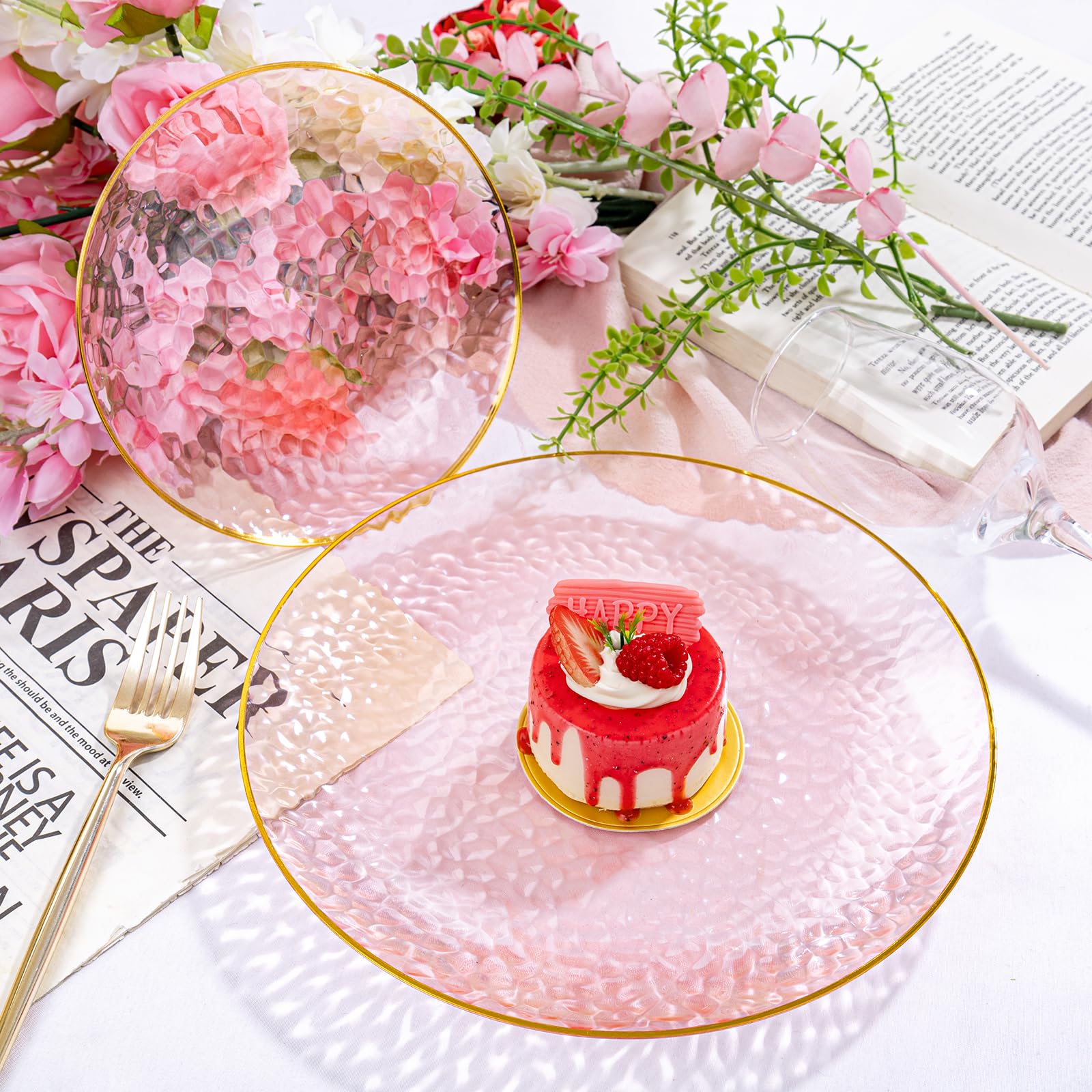 Rubtlamp 100Pcs Amber Gold Plastic Plates, Disposable Plates With Gold Rim, Heavy-duty Party Platos, Hammered Plastic Plates Include 50 Clear Dessert Plates, 50 Dinner Plates for Party