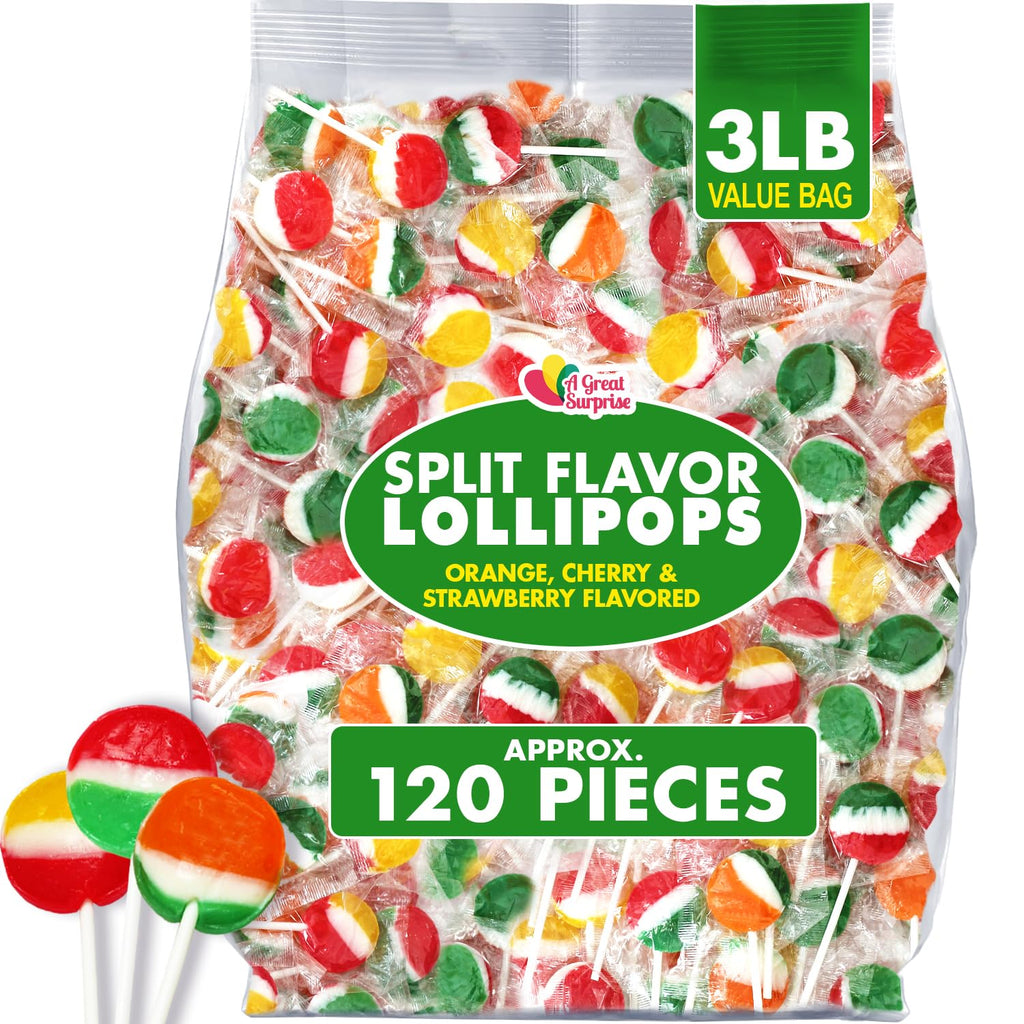 A Great Surprise Classic Lollipops - 3 Pounds - Individually Wrapped Candies - Flat Round Bulk Suckers For Kids, Doctors Office, Schools, Banks