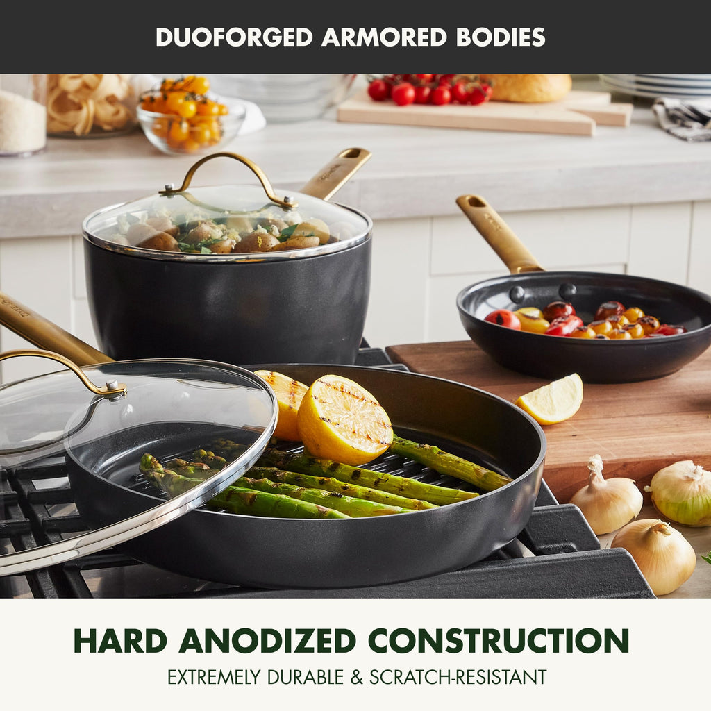 GreenPan Hard Anodized Healthy Ceramic Nonstick 5 Piece Cookware Pots and Pans Set, Gold Handle, PFAS-Free, Dishwasher Safe, Oven Safe, Black