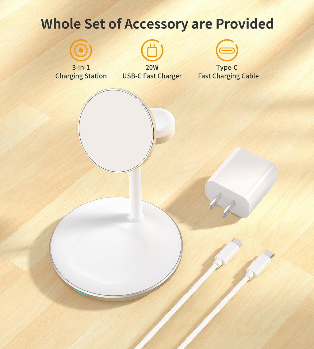 XooFly 3 in 1 Wireless Charging Station for Apple Devices, Fast Wireless Mag-Safe Charger Stand with 20W Adapter for iPhone 17/16 15 14 13 12 Pro Max/Pro/Plus/Air/Mini, iWatch, AirPods (Black)