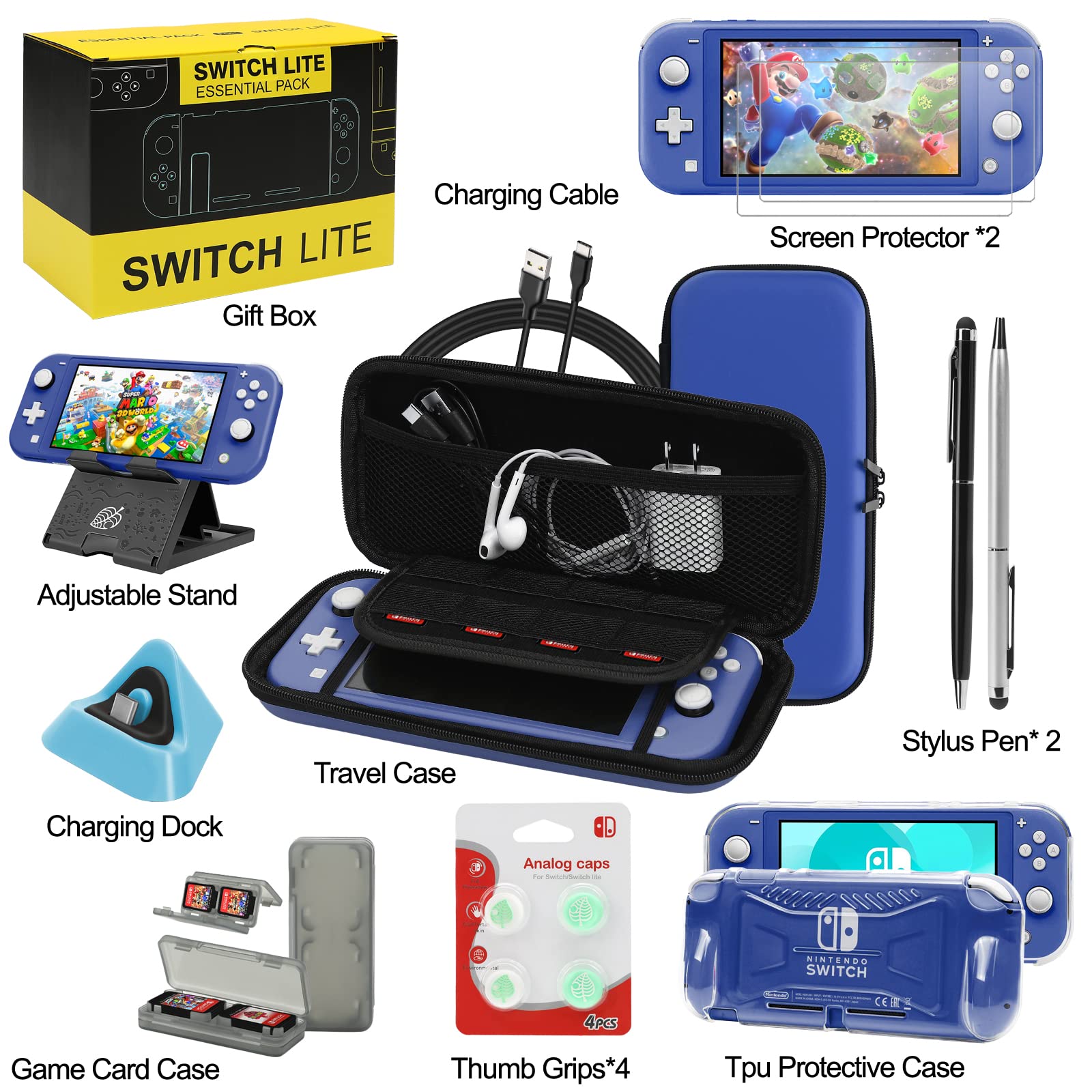 Switch Lite Accessories Bundle, Kit with Carrying Case,TPU Case Cover with Screen Protector,Charging Dock,Playstand, Game Card Case, USB Cable, Stylus,Thumb Grip Caps for Nintendo Switch Lite (Black)