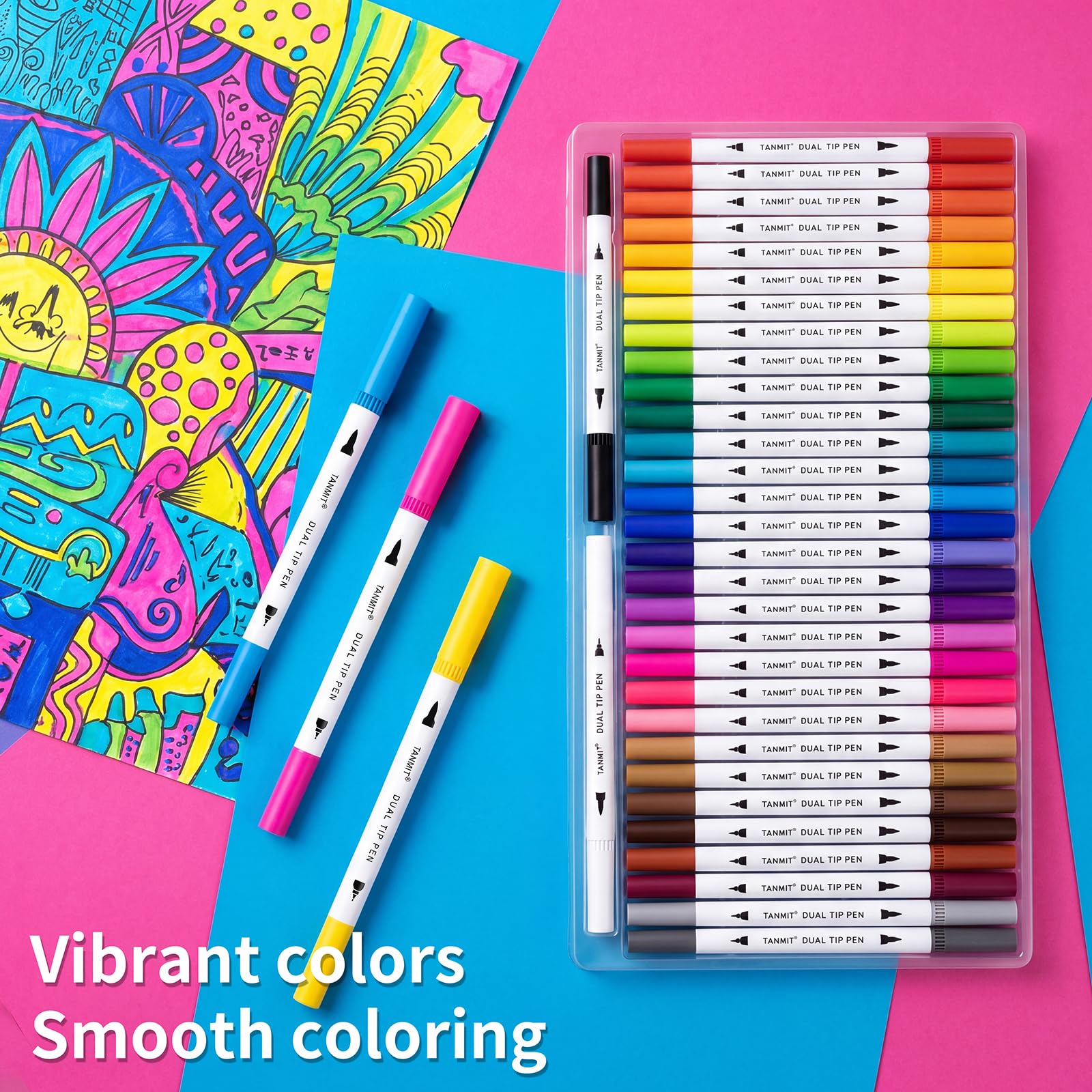 36 Dual-Tip Brush Pens for Adult Coloring Books – Tanmit Art Markers With Brush + Fine Precision Tips for Calligraphy, Planners, Journaling, Note Taking & More