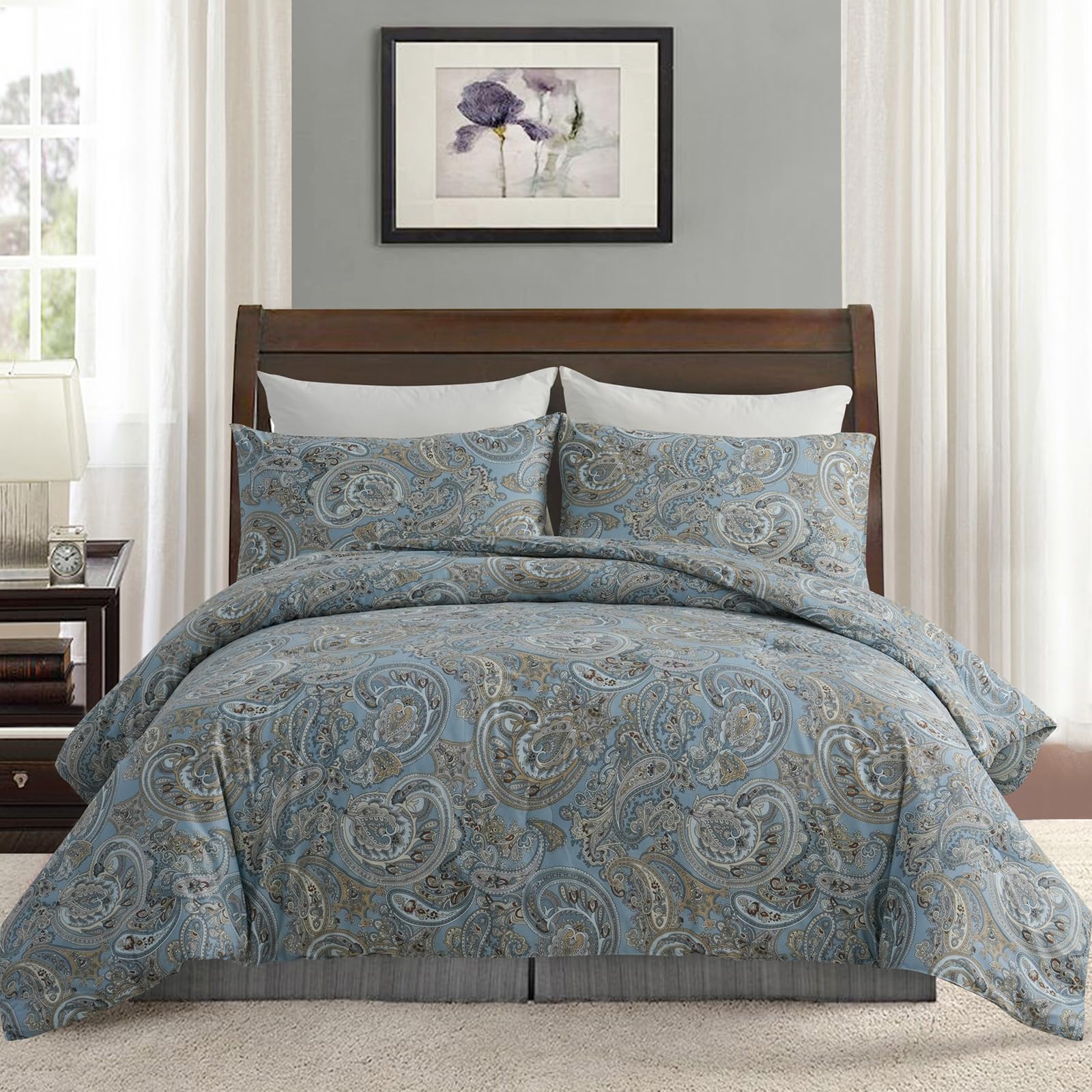 100% Natural Cotton Comforter Set Queen 3 Pcs Grayish Blue Bedding Sets with Luxurious Damask Pattern, Reversible Breathable Soft Comforter Sets for All Season