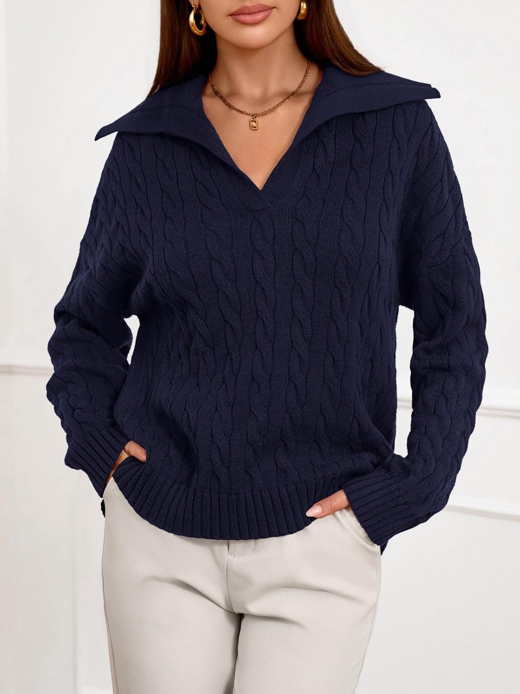 PRETTYGARDEN Spring Cable Knit Oversized Sweaters for Women 2026 Polo V Neck Long Sleeve Casual Chunky Sweater Pullover Tops