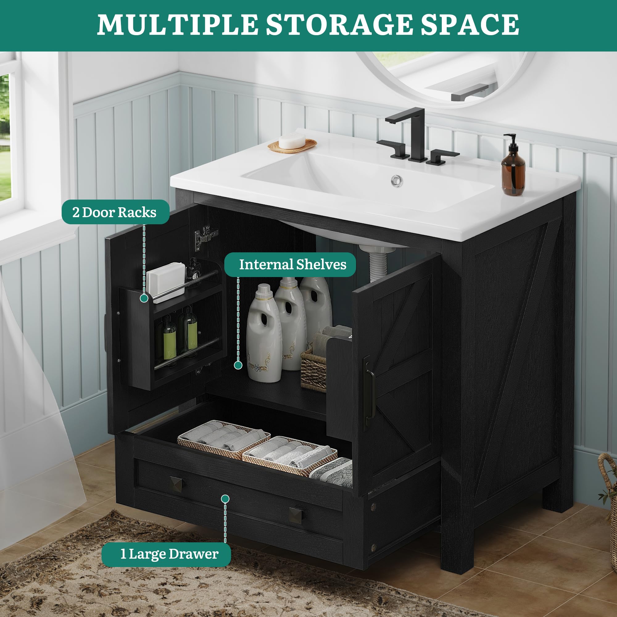YITAHOME 30 Inch Farmhouse Bathroom Vanity with Sink, Small Space Bathroom Storage Cabinet with Large Drawer, 2 Wood Barn Doors with Built-in Door Racks