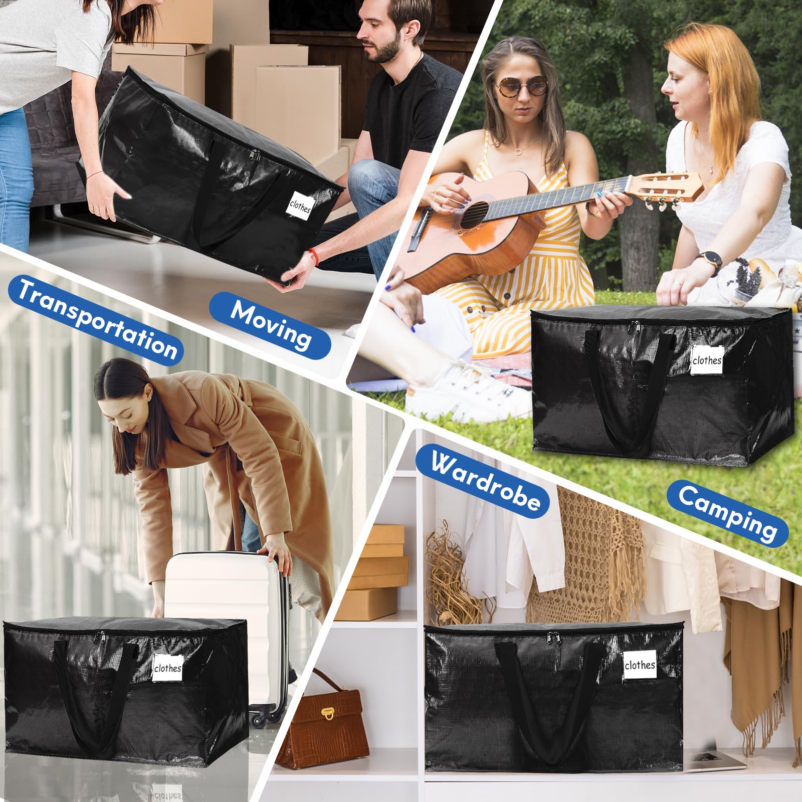 2-Pack Extra-Large Heavy-Duty Storage Totes with Reinforced Handles, Durable Zippers & Waterproof Material — Perfect for Space-Saving, Moving, Shipping and Travel (Black)