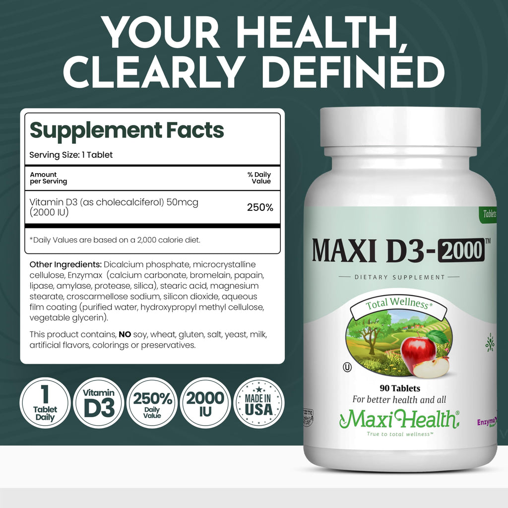 Maxi Health Vitamin D3 2000IU Tablets – Immune Support, Bone Health, and Muscle Function – Vitamin D 2000 IU Supplement for Adults – Kosher, Easy-to-Swallow, 90 Tablets