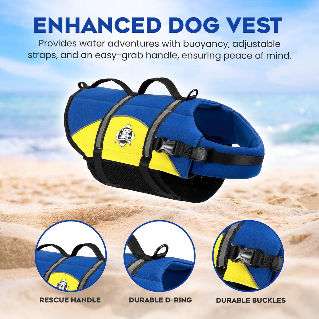 Dog Life Jacket — Premium Swim Vest with SafeChin Anti-Choke Collar | PAWS Aboard Blue & Yellow | RapidLift Rescue Handle, D-Ring, Reflective Trim | Boating, Kayaking, Pool | XX-Small (Under 6 lbs)