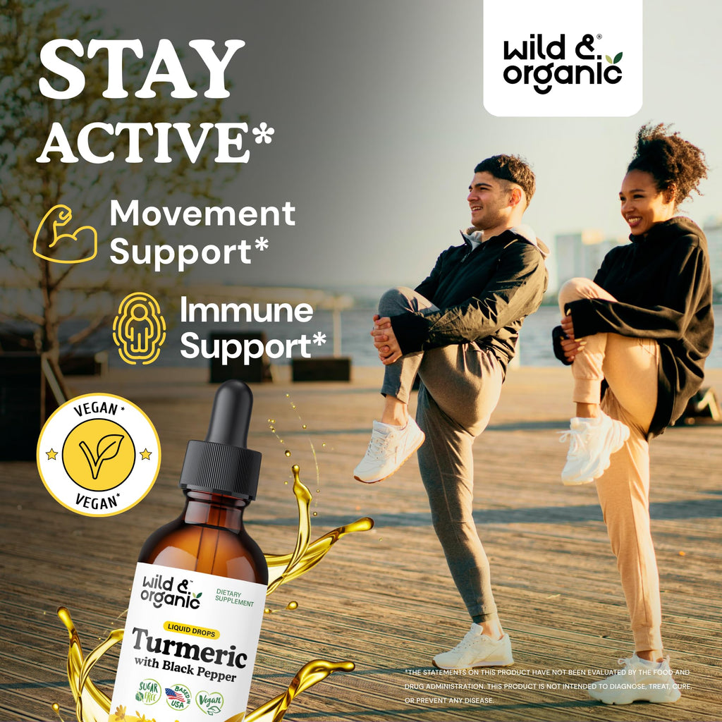 Wild & Organic Turmeric Curcumin Supplement with Black Pepper - Movement & Immune Support - Liquid Turmeric Curcumin with Black Pepper - Add to Tea Drops - Vegan, Sugar & Alcohol-Free Tincture - 2 oz