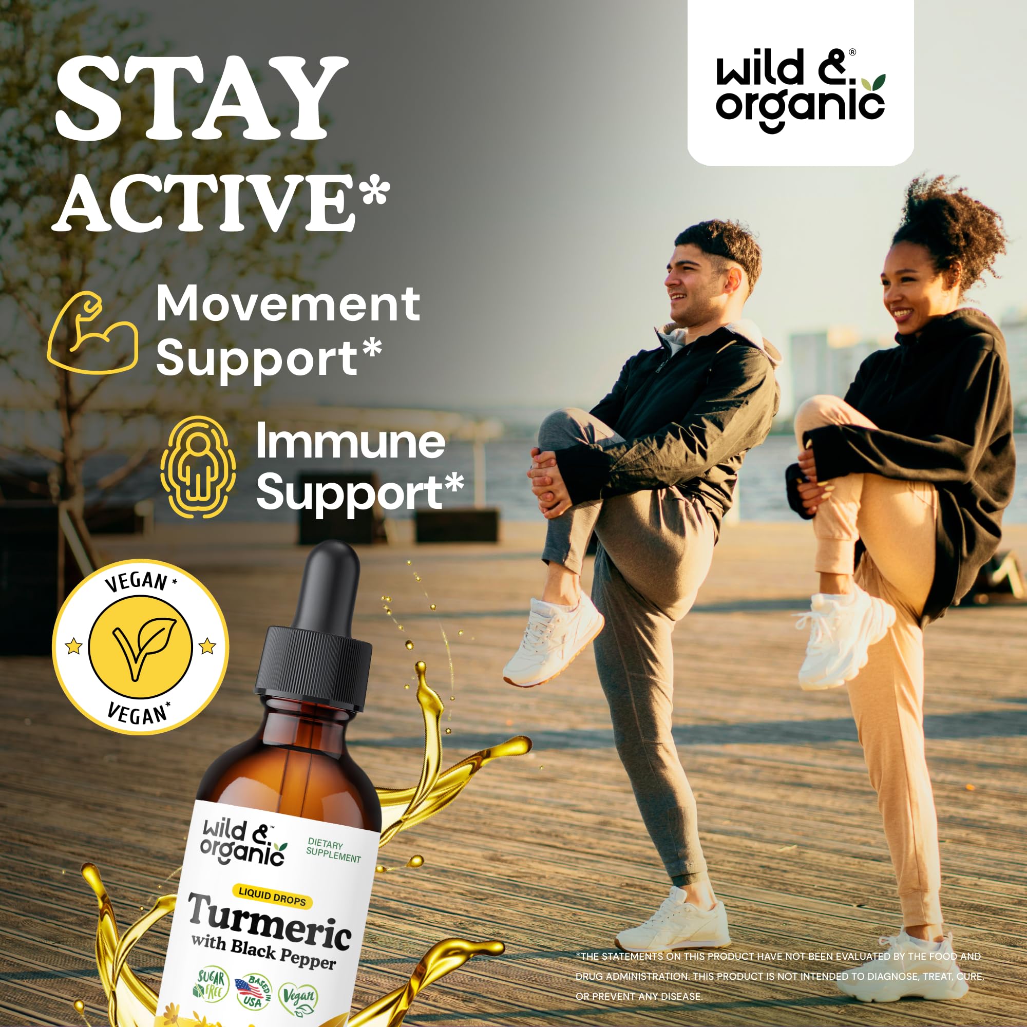 Wild & Organic Turmeric Curcumin Supplement with Black Pepper - Movement & Immune Support - Liquid Turmeric Curcumin with Black Pepper - Add to Tea Drops - Vegan, Sugar & Alcohol-Free Tincture - 2 oz