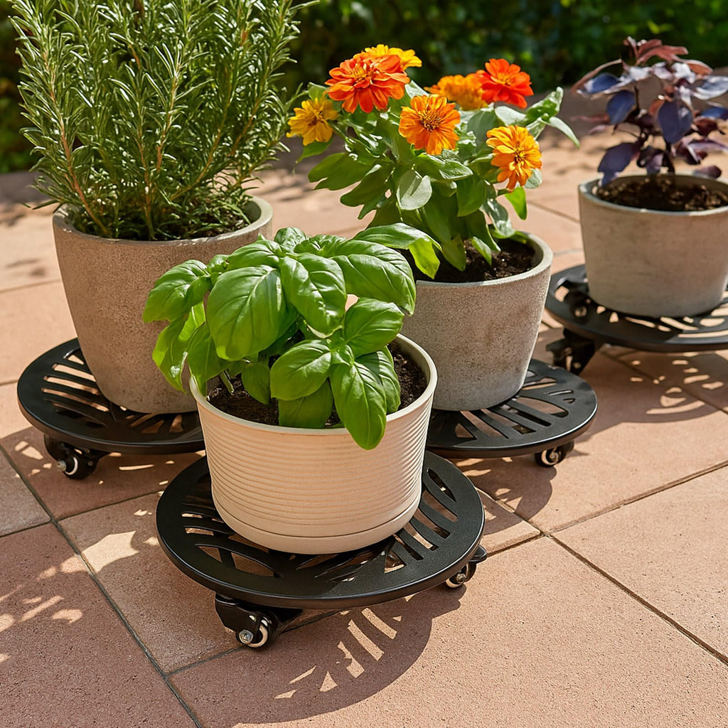 1 Pack 12 inches Large Metal Plant Caddy with 3 PU Metal Wheels Rolling Plant Stand with Casters Indoor Outdoor Wheeled Planter Roller Base Pot Movers Plant Dolly Coaster Trolley Black