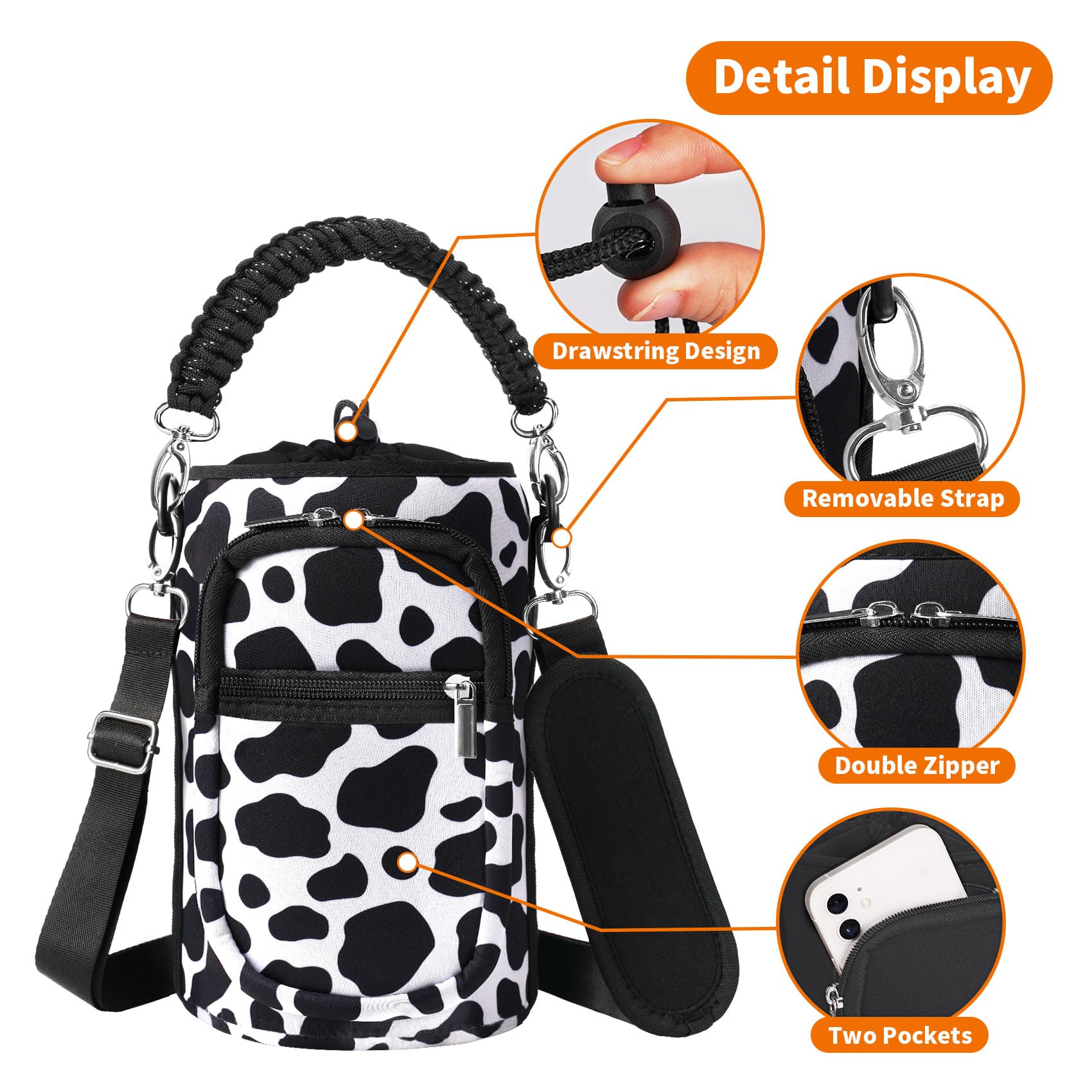 AceTreker 32/40/64/128 oz Neoprene Insulated Water Bottle Carrier Bag, Sling Bag Sleeve Pouch Holder with Strap & Paracord Handle and 2 Pocket for Travelling, Hiking, Camping
