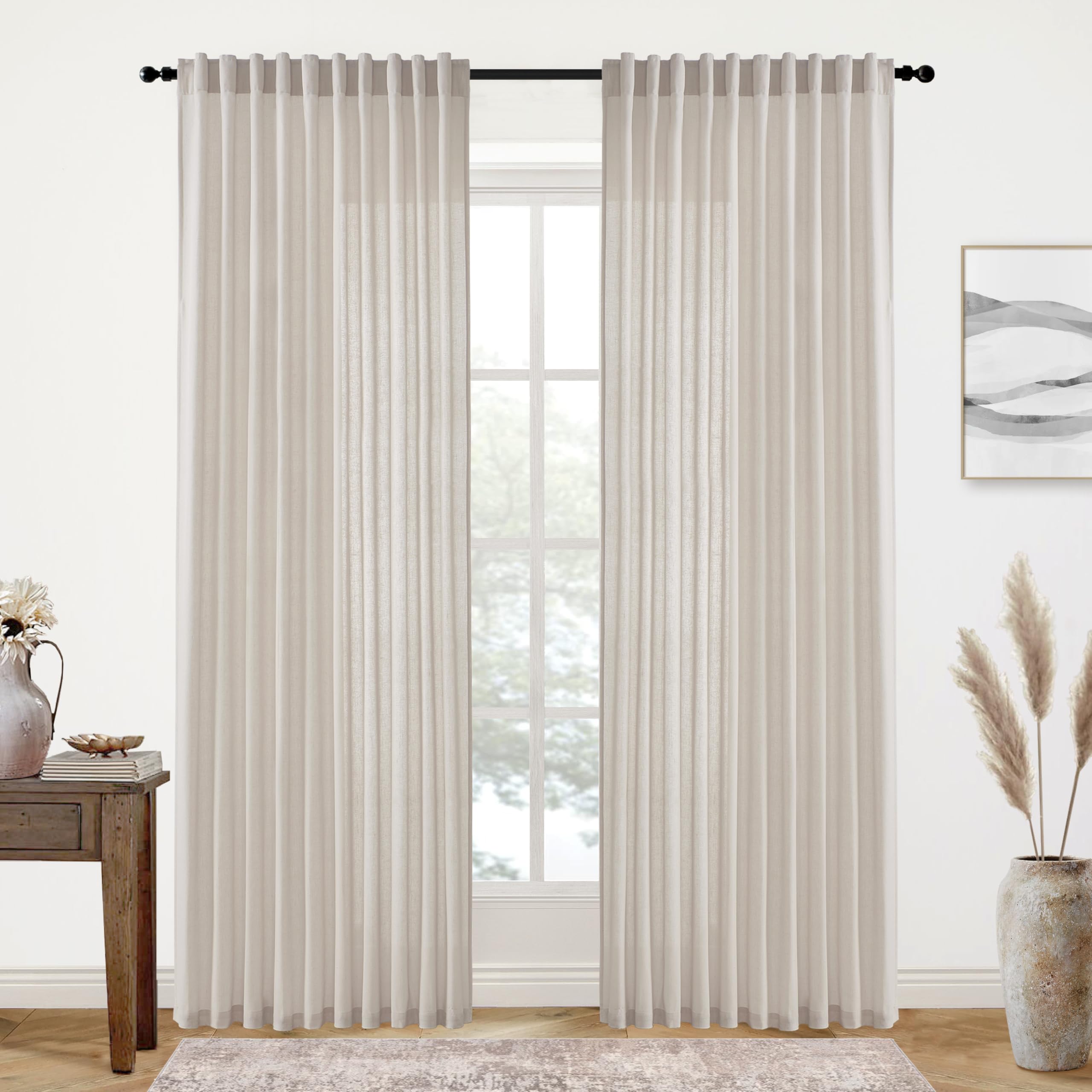 XTMYI 54 Inch Length Sheer Curtains 2 Panels Set for Bathroom,Linen Cotton Semi Privacy Boho Short Curtains for Kitchen Window Bedroom Living Room,40x54 in Long,Cream Ivory Off White