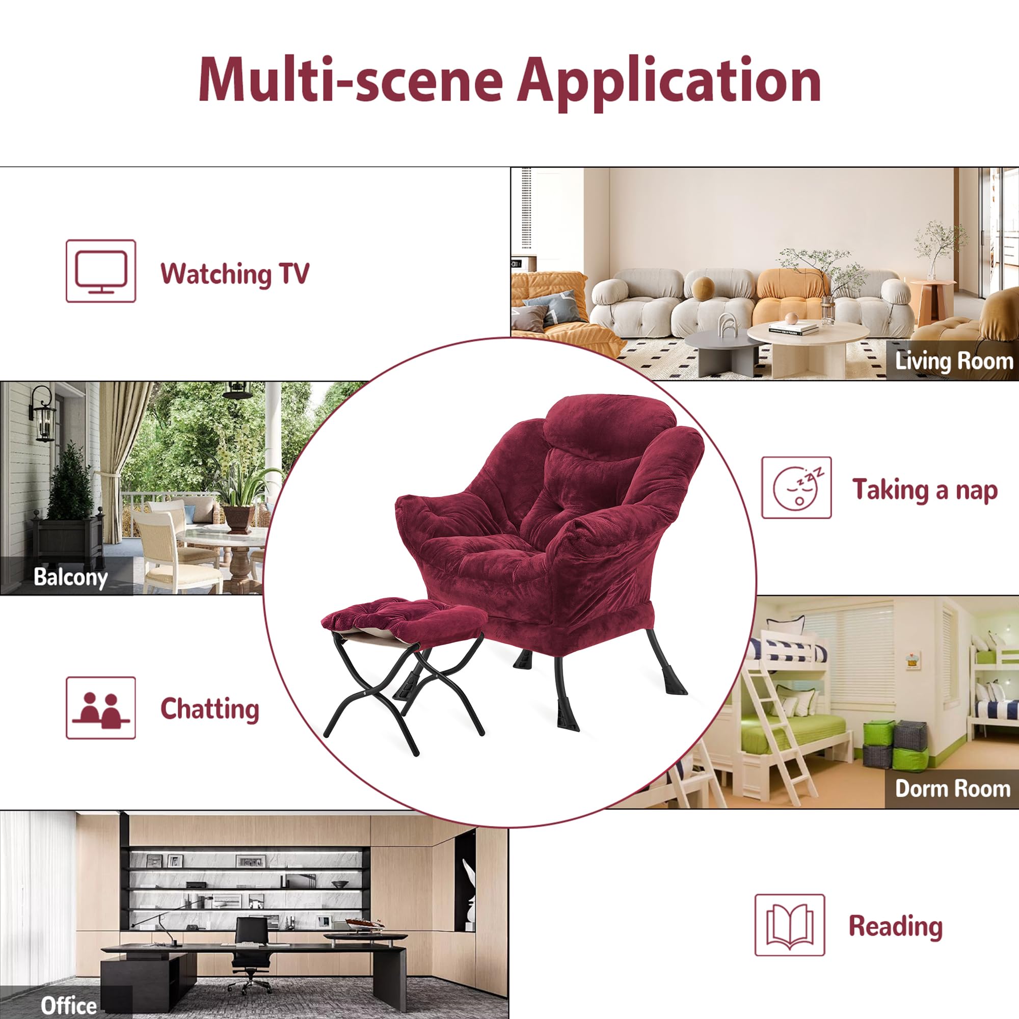 Youtanic Lazy Chair with Folding Ottoman, Accent Chair Velvet Upholstered with Metal Structure and Non-Slip Pads, Sofa Armchair with Footrest and Side Storage Bag for Dorm, Room, Office, Beige