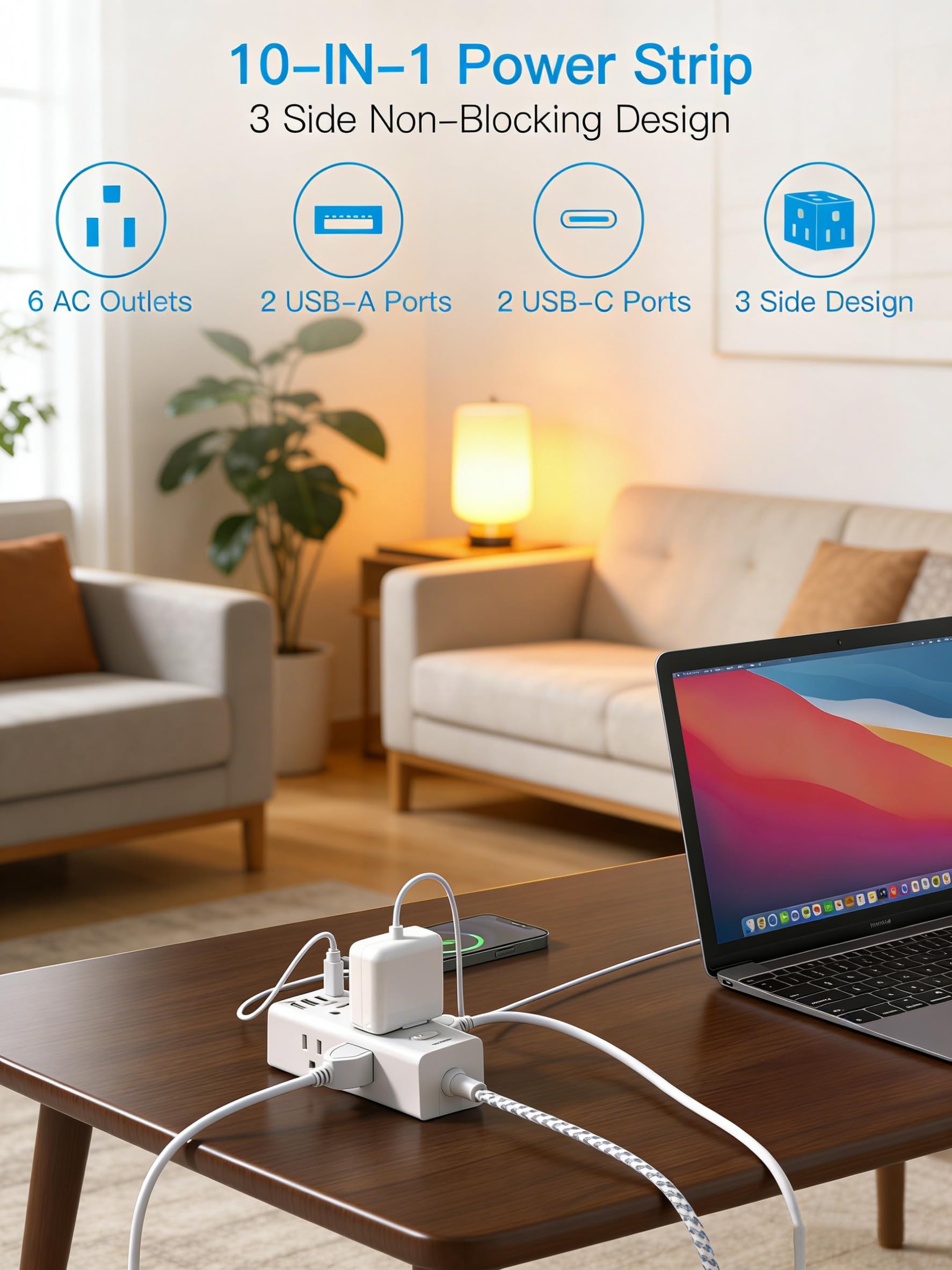 One Beat Short Extension Cord 1Ft, Flat Plug Power Strip Surge Protector - 6 Widely Outlets with 4 USB Ports (2 USB C), Wall Mount Small Power Strip for Travel, Home Office College Dorm Essentials