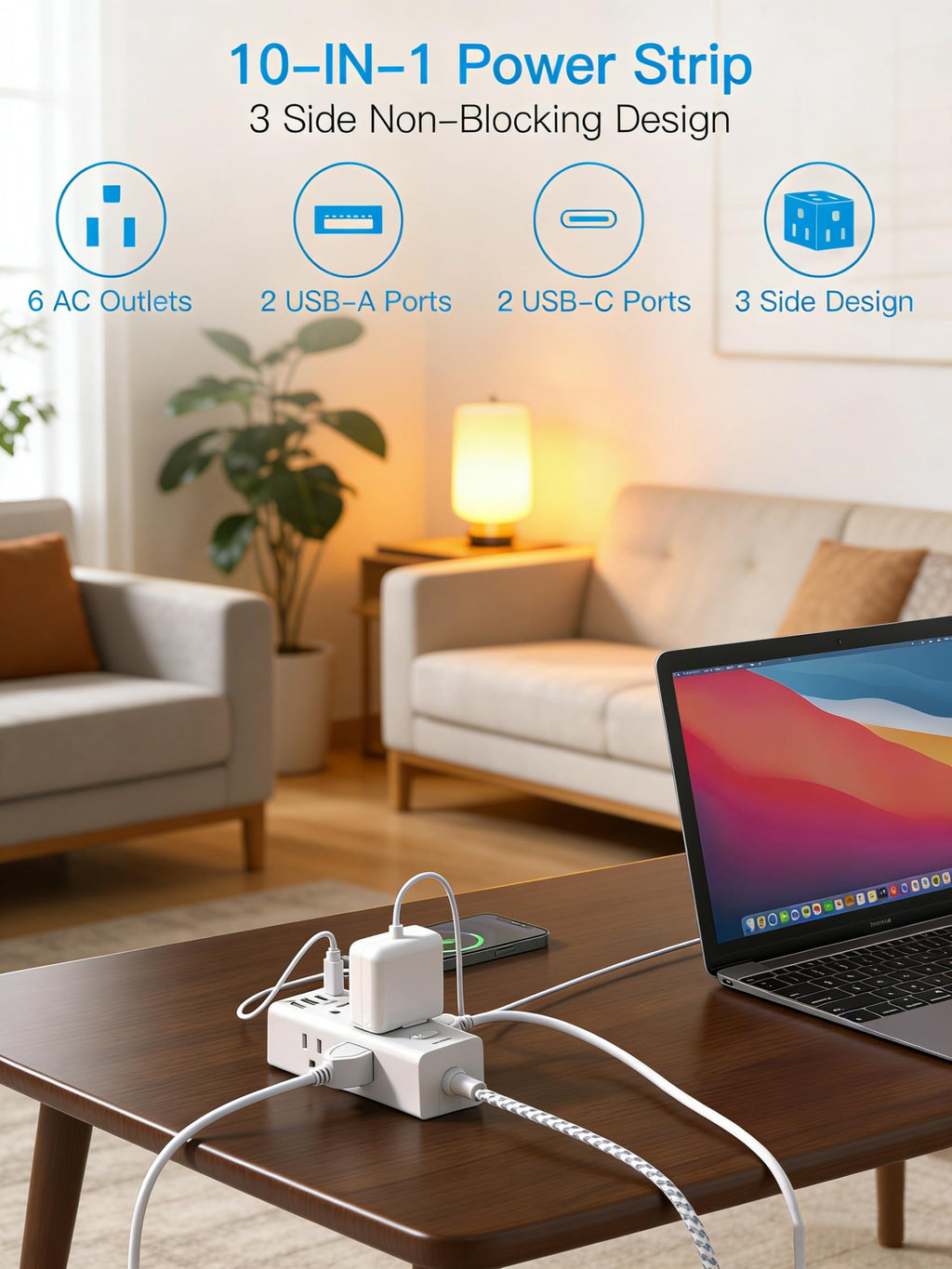 One Beat Short Extension Cord 1Ft, Flat Plug Power Strip Surge Protector - 6 Widely Outlets with 4 USB Ports (2 USB C), Wall Mount Small Power Strip for Travel, Home Office College Dorm Essentials