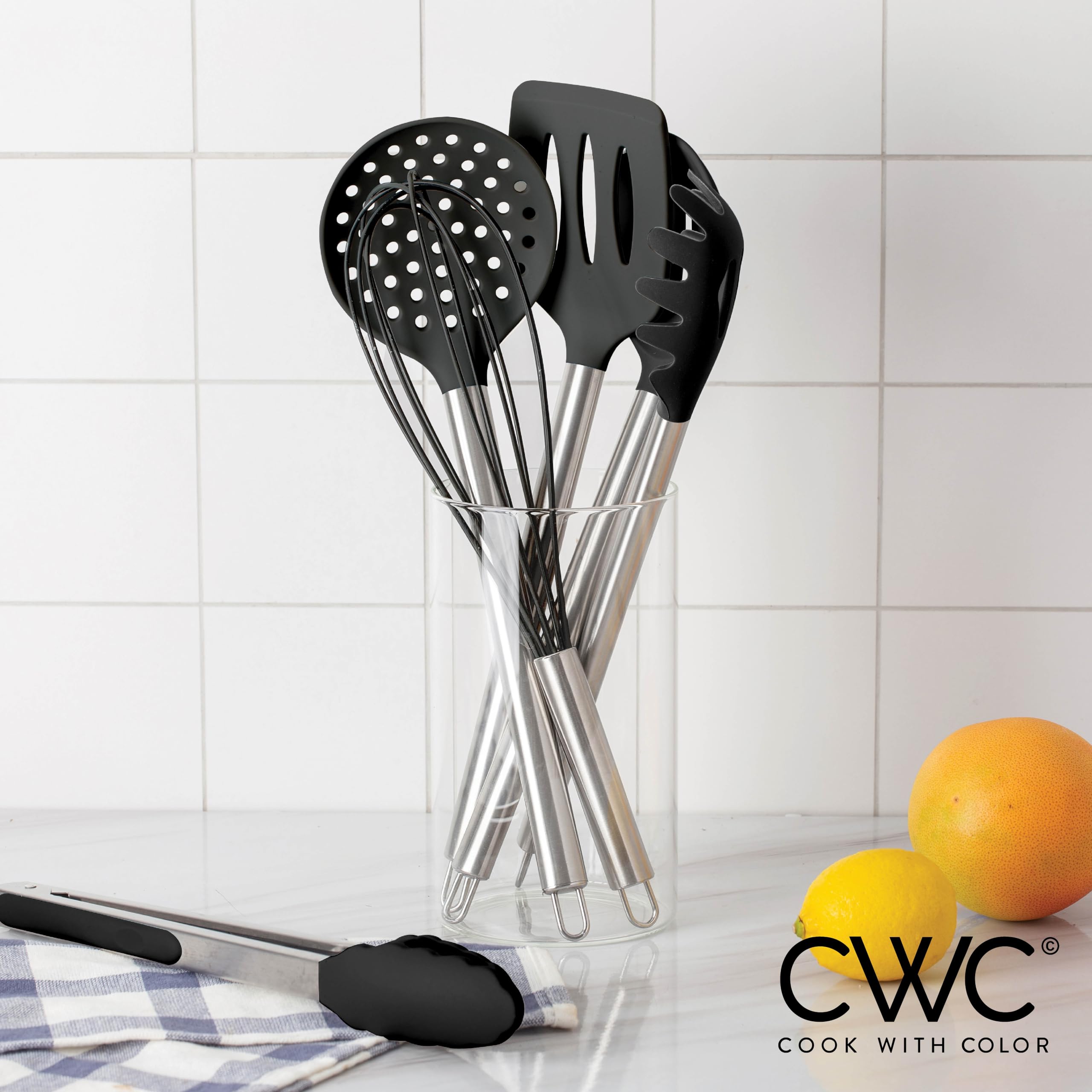 COOK WITH COLOR Silicone Cooking Utensils, Kitchen Utensil Set, Easy to Clean Silicone Kitchen Utensils, Cooking Utensils for Nonstick Cookware, Kitchen Gadgets Set with Holder, 10 Pieces
