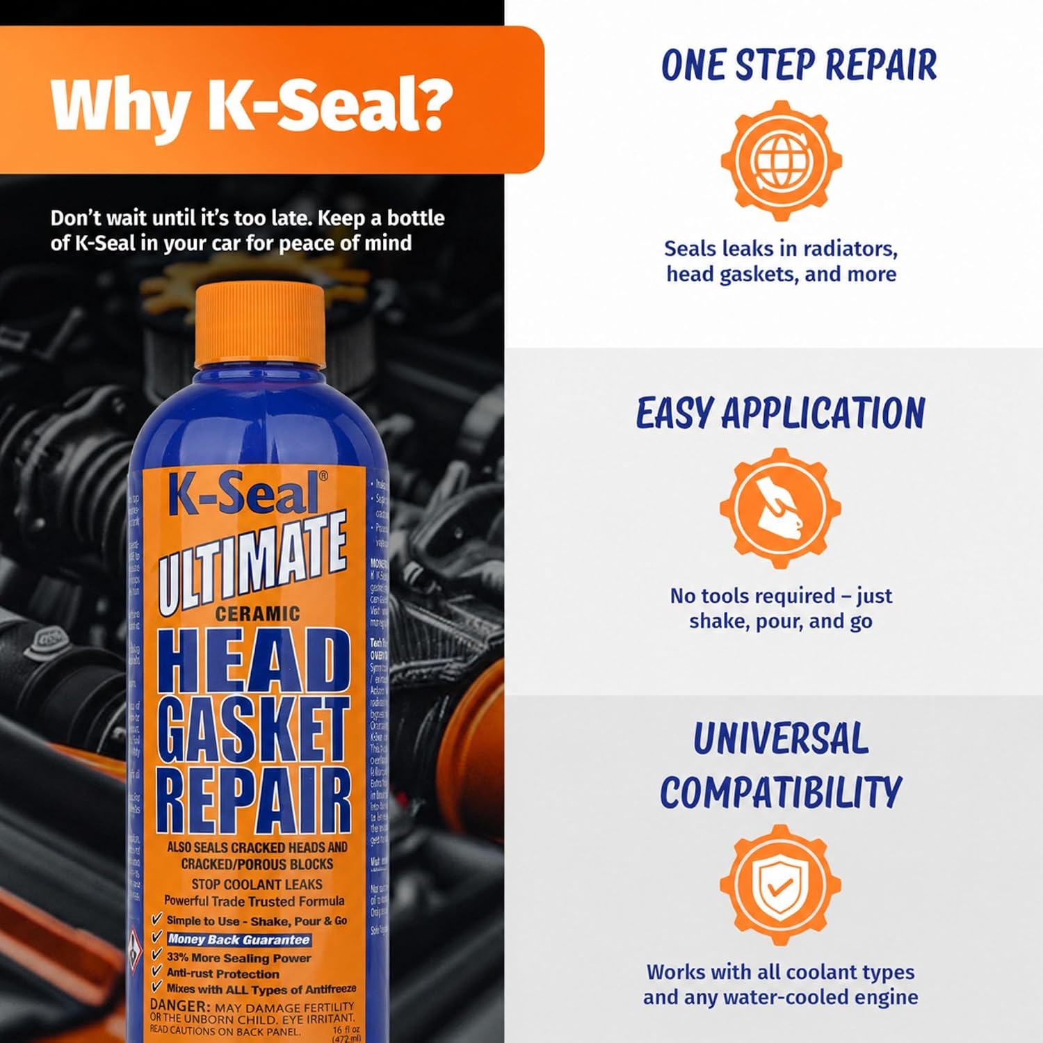 K-Seal ST3501 Pour & Go Head Gasket Sealer, 16 oz – Repairs Blown Head Gaskets, Cracked Heads & Engine Blocks