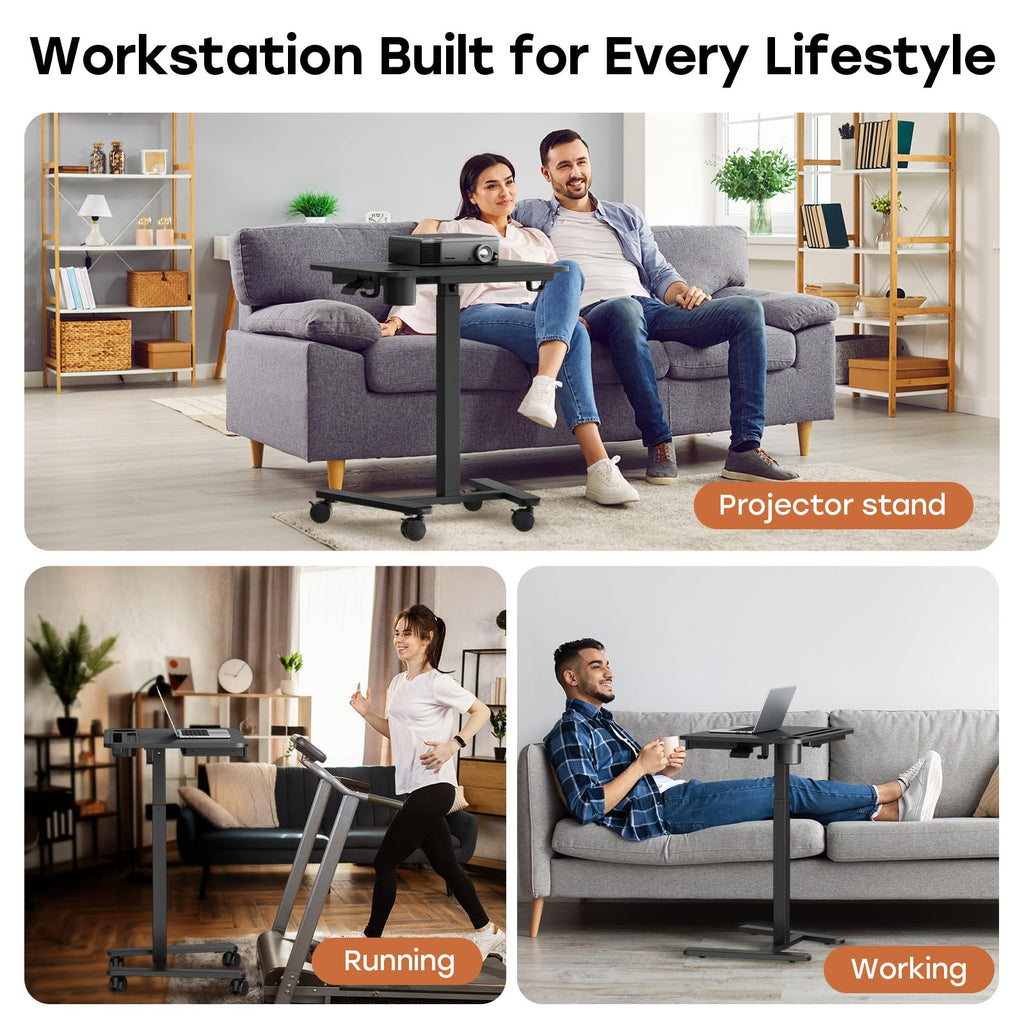 Small Mobile Standing Desk with Drawer, 23.6"x19.7" Rolling Laptop Cart on Wheels, Height Adjustable Sit Stand Computer Workstation with Storage for Compact Space, Black