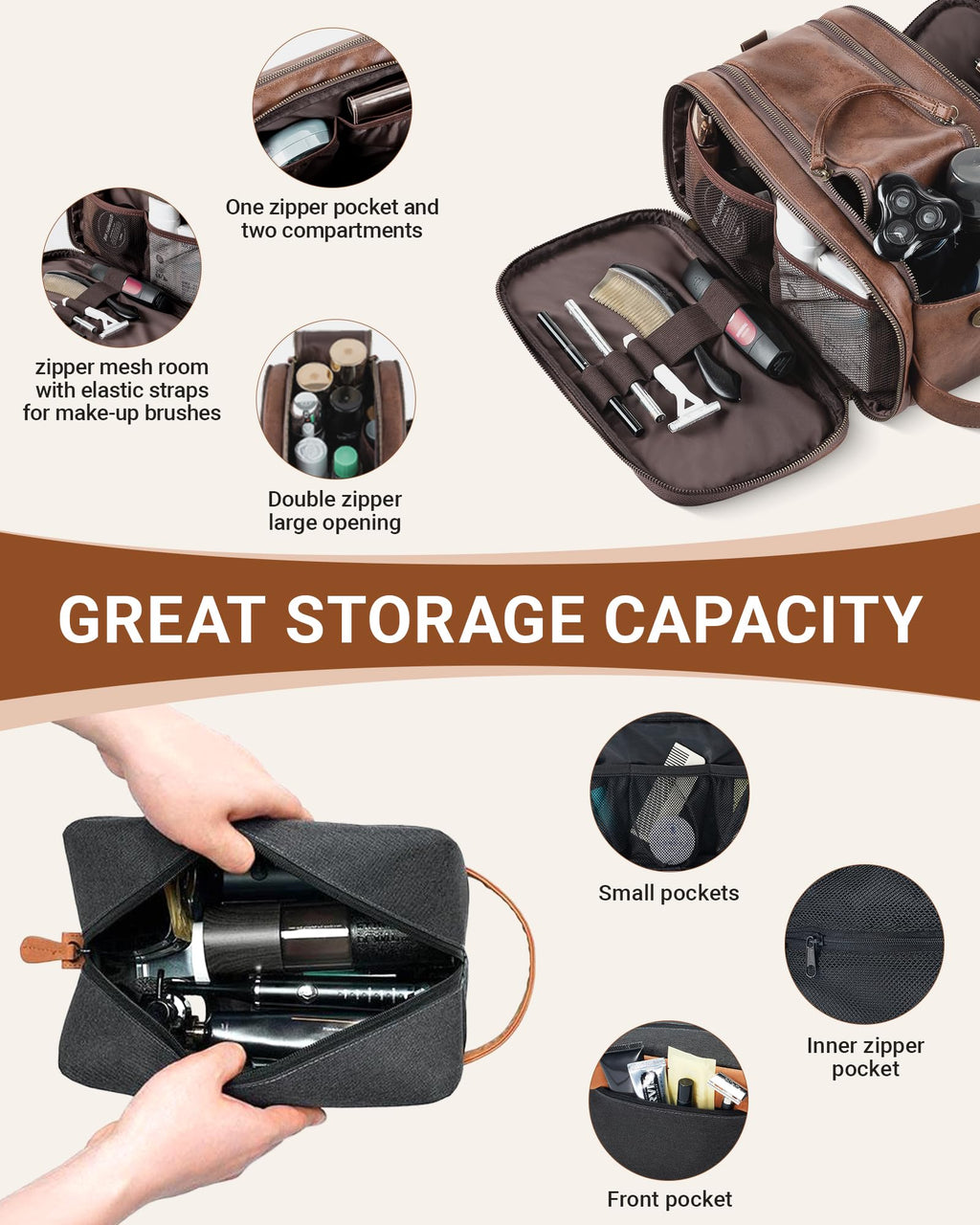 Elviros Travel Toiletry Bag for Men, Shaving Dopp Kit Water-resistant Bathroom Small Toiletries Organizer PU Leather Cosmetic Bags
