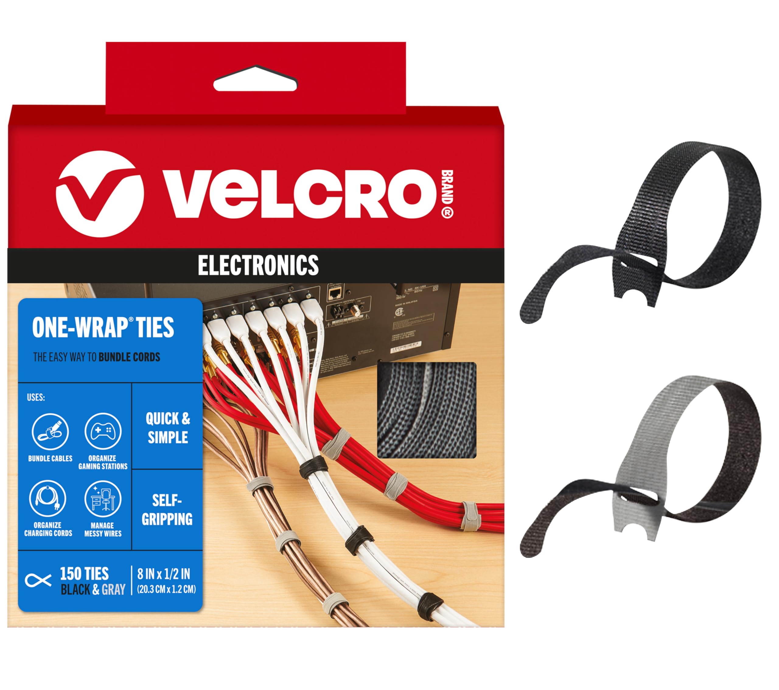 VELCRO Brand Cord Organizer for Desk & Nightstand, 5 Cable Slots with Sleeve Routing, Adhesive Wire Holder for Cord Management, Home, Workshop, Gaming & Office Essentials, Black 2 Pack
