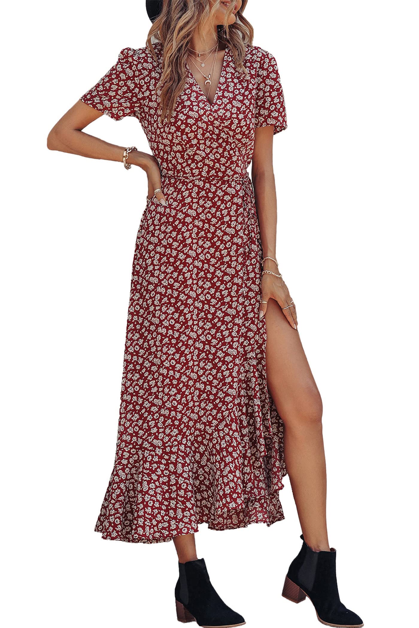 PRETTYGARDEN Women's Boho Floral Maxi Dress Summer Short Sleeve Wrap V Neck Long Flowy Beach Vacation Wedding Guest Dresses