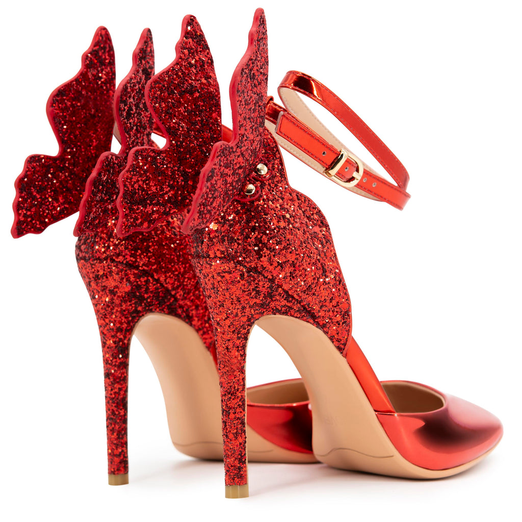 FINDVELL Gold High Heels Butterfly Back Sexy Stiletto Pumps Closed Toe Sparkly Ankle Strap Heels Sandals Dress Shoes for Women