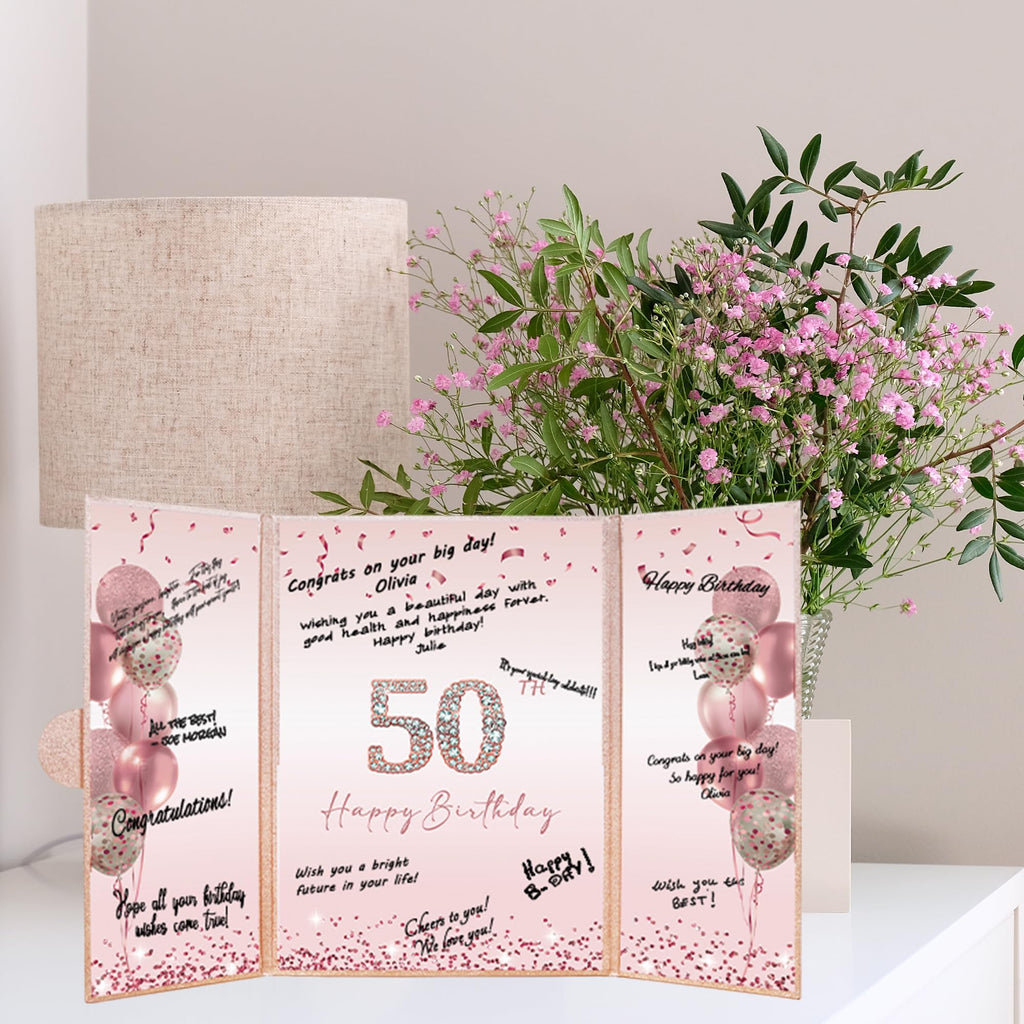 DARUNAXY Rose Gold 50th Birthday Party Decorations for Women, Happy 50th Birthday Alternative Signature Guest Book Black Pink 50 Birthday Signing Card Board Party Supplies Cheers to 50 Years Old Gift