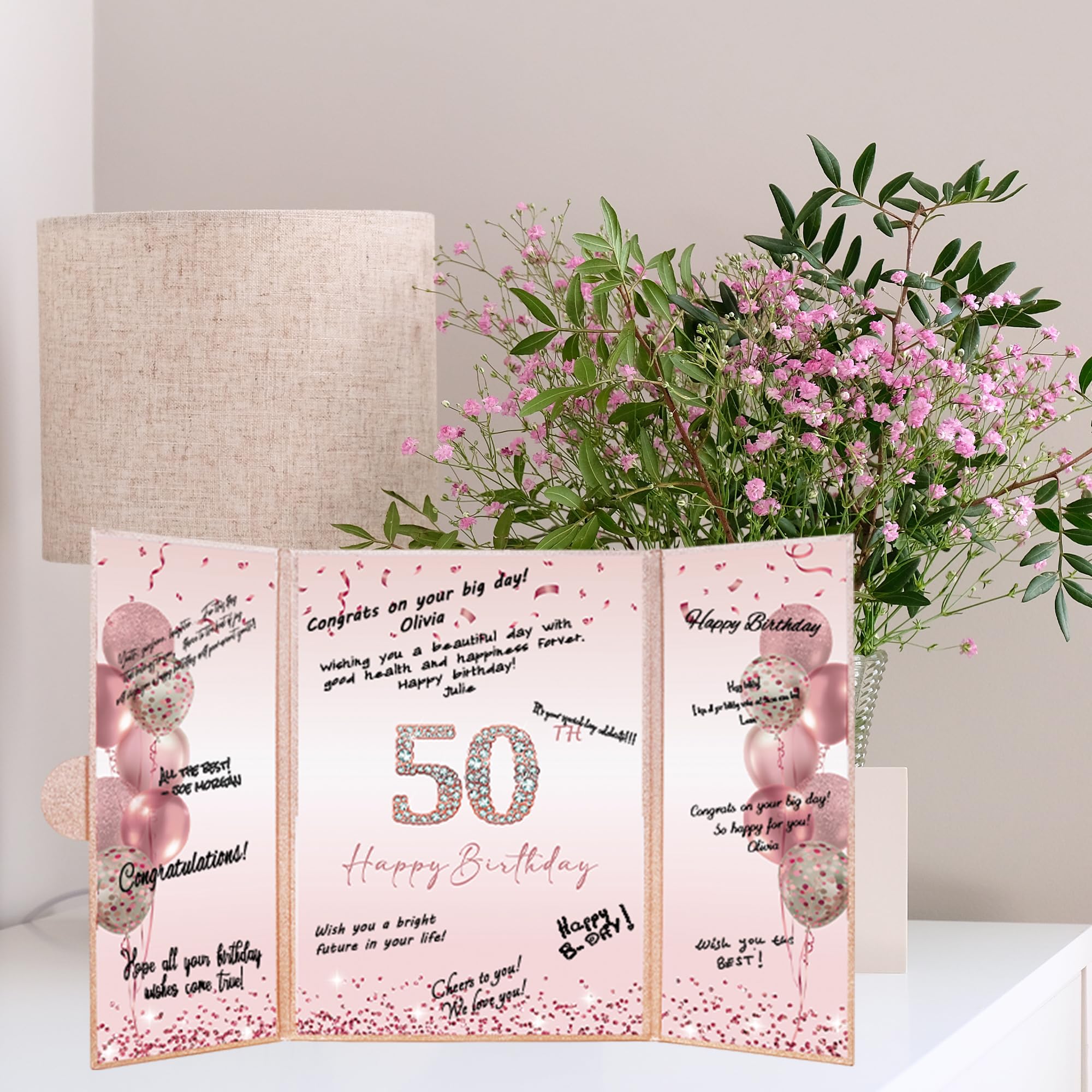 DARUNAXY Rose Gold 50th Birthday Party Decorations for Women, Happy 50th Birthday Alternative Signature Guest Book Black Pink 50 Birthday Signing Card Board Party Supplies Cheers to 50 Years Old Gift
