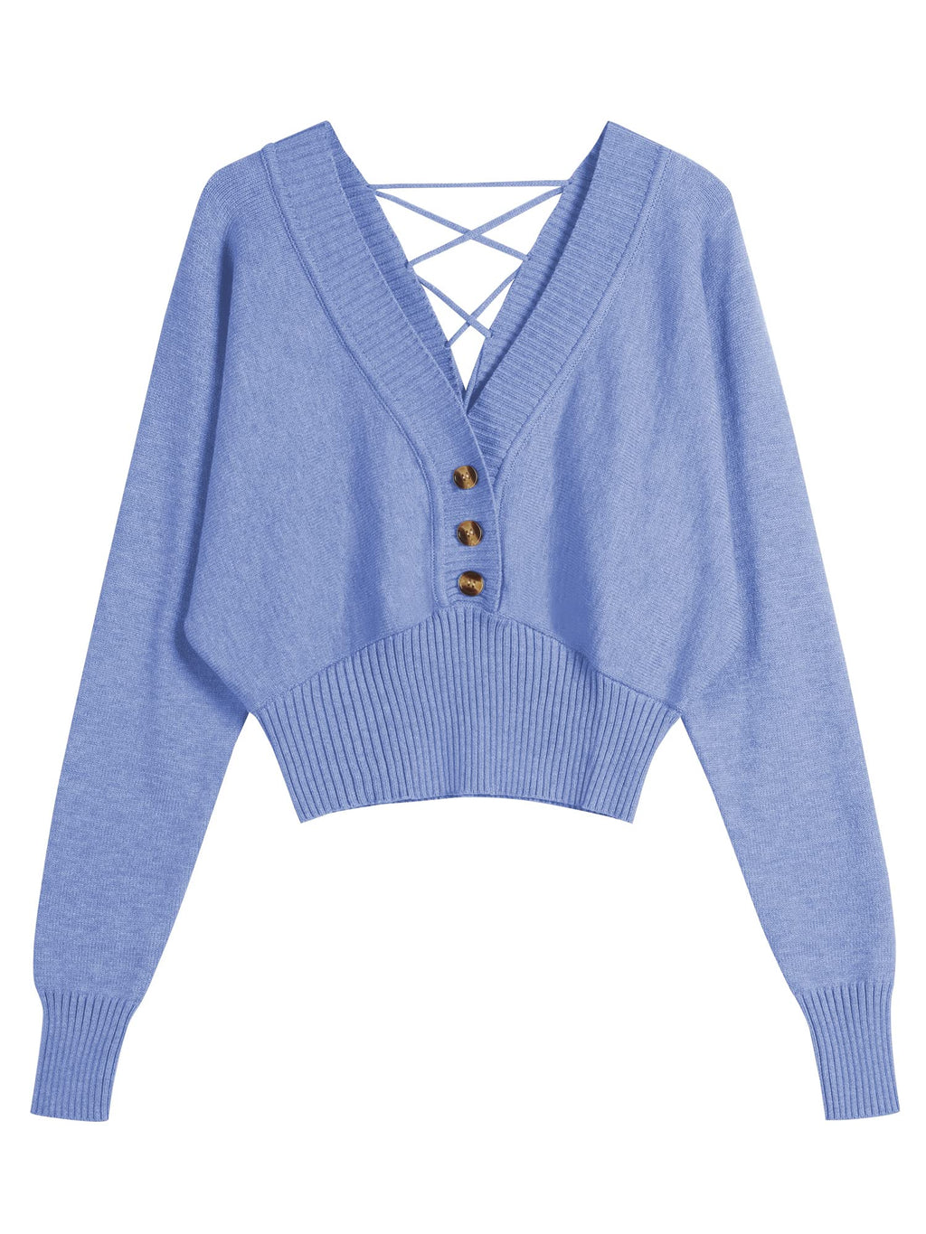 ZAFUL Women V Neck Button Knit Crop Sweaters Batwing Sleeve V Back Ribbed Hem Pullover Sweater