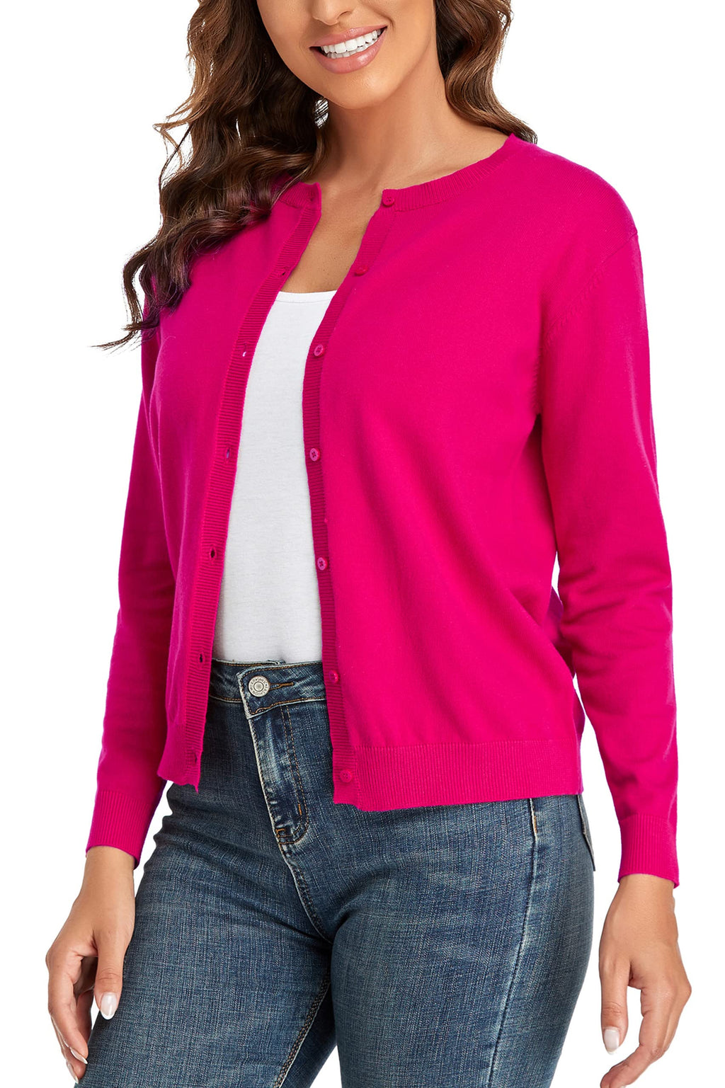 CUNYI Women's Crew Neck Cardigan Long Sleeve Sweater for Women Button Down Soft Knit Ladies Cardigan Sweates Coat