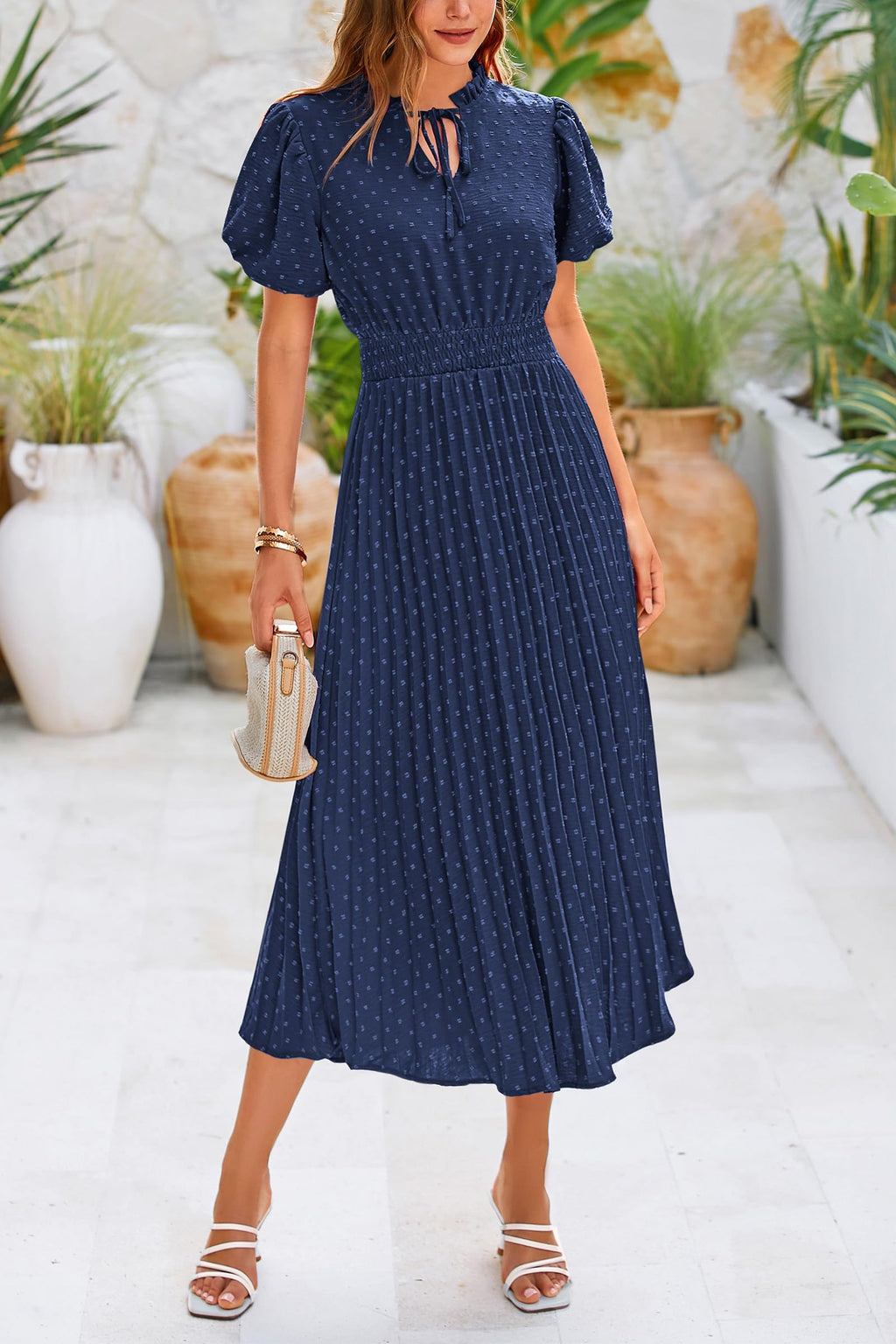 PRETTYGARDEN Womens Summer Midi Dresses Puff Short Sleeve V Neck Swiss Dot Pleated A Line Flowy Long Wedding Guest Dress