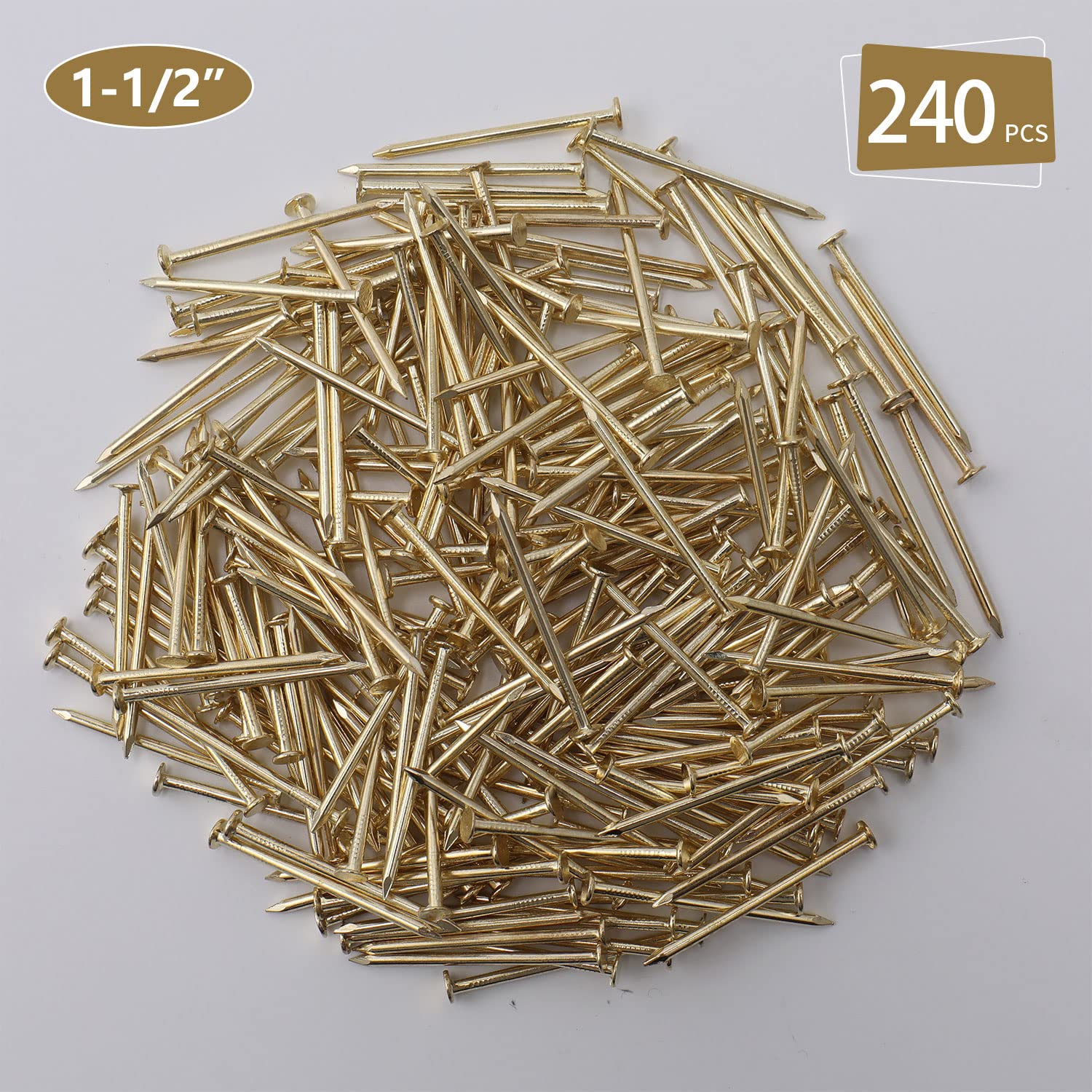 240pcs Gold Hardware Nails, 1-1/2” × 14 Ga Brass Plated Wood Nails, Nails for Hanging Wall Decor, Finishing Nails, Picture Hanging Nails, Wall Nails, Roofing Nails