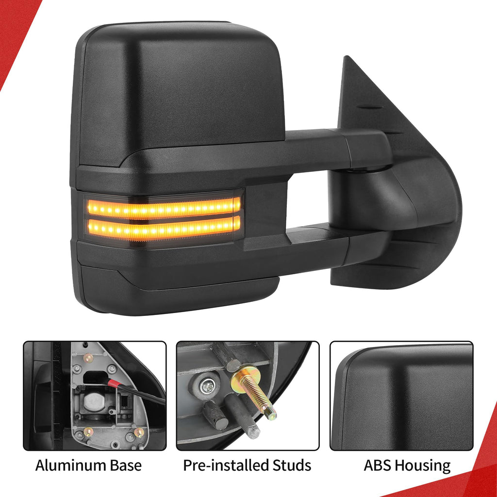 YITAMOTOR Towing Mirrors Compatible with 07-13 Silverado 1500 2500 3500 Tahoe Suburban Avalanche GMC Sierra Yukon Cadillac LED Turn Signal Light Power Heated Manual Telescoping Folding