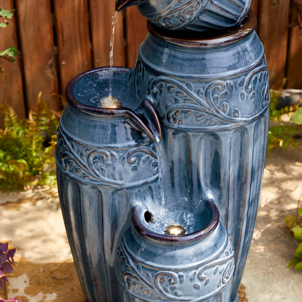 Glitzhome 27.25" H Outdoor Garden Water Fountain with LED Lights and Pump, 4 Tier Cobalt Blue Embossed Pattern Ceramic Pots Cascading Floor Standing Fountain for Porch Deck Patio Backyard Decoration
