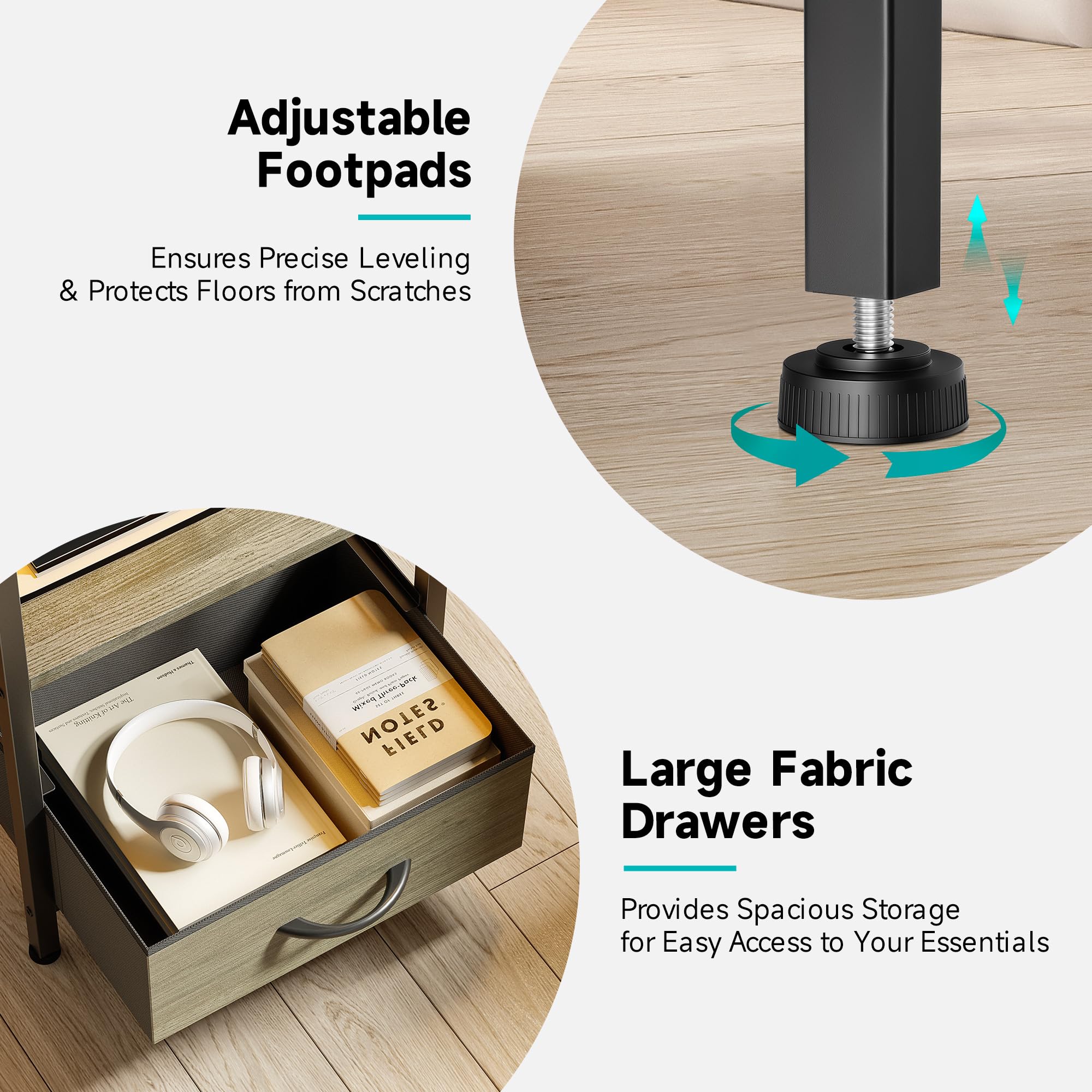 Lazzanto Night Stand Bedside Charger Bedroom - Nightstand with Charging Station & LED Light Strip, Night Stand with Storage Shelf & 2 Fabric Drawers, Morden End Table with U-S-B Ports & AC Outlets