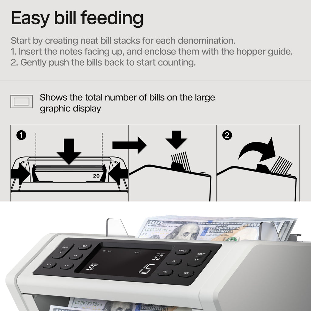Safescan 2210 Money Counter Machine with Counterfeit Detection, Add/Batch Modes, LCD-Display, High-Speed Counts 1,000 bills per minute, 2 Point Counterfeit Check - Sorted Counter for All Currencies