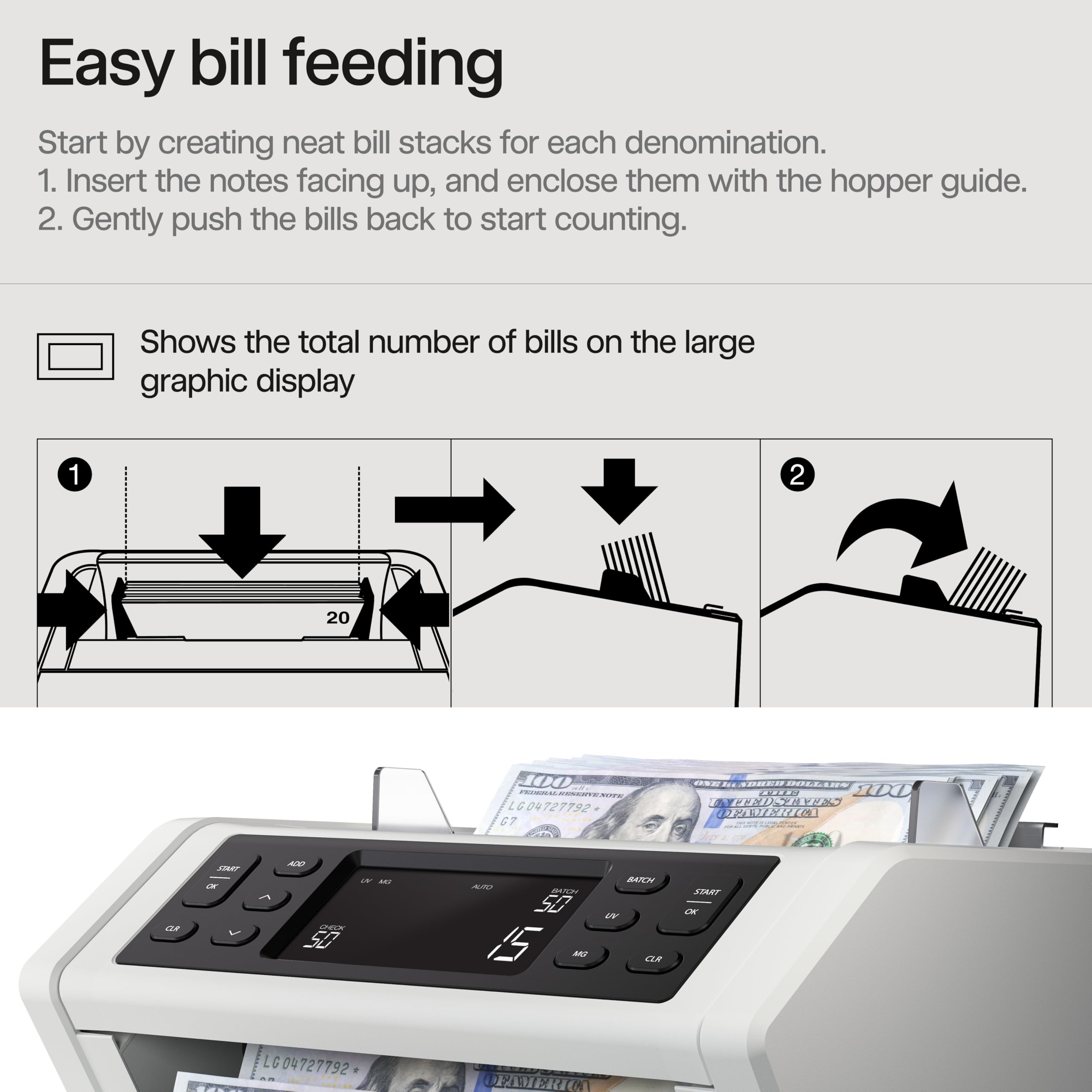 Safescan 2210 Money Counter Machine with Counterfeit Detection, Add/Batch Modes, LCD-Display, High-Speed Counts 1,000 bills per minute, 2 Point Counterfeit Check - Sorted Counter for All Currencies