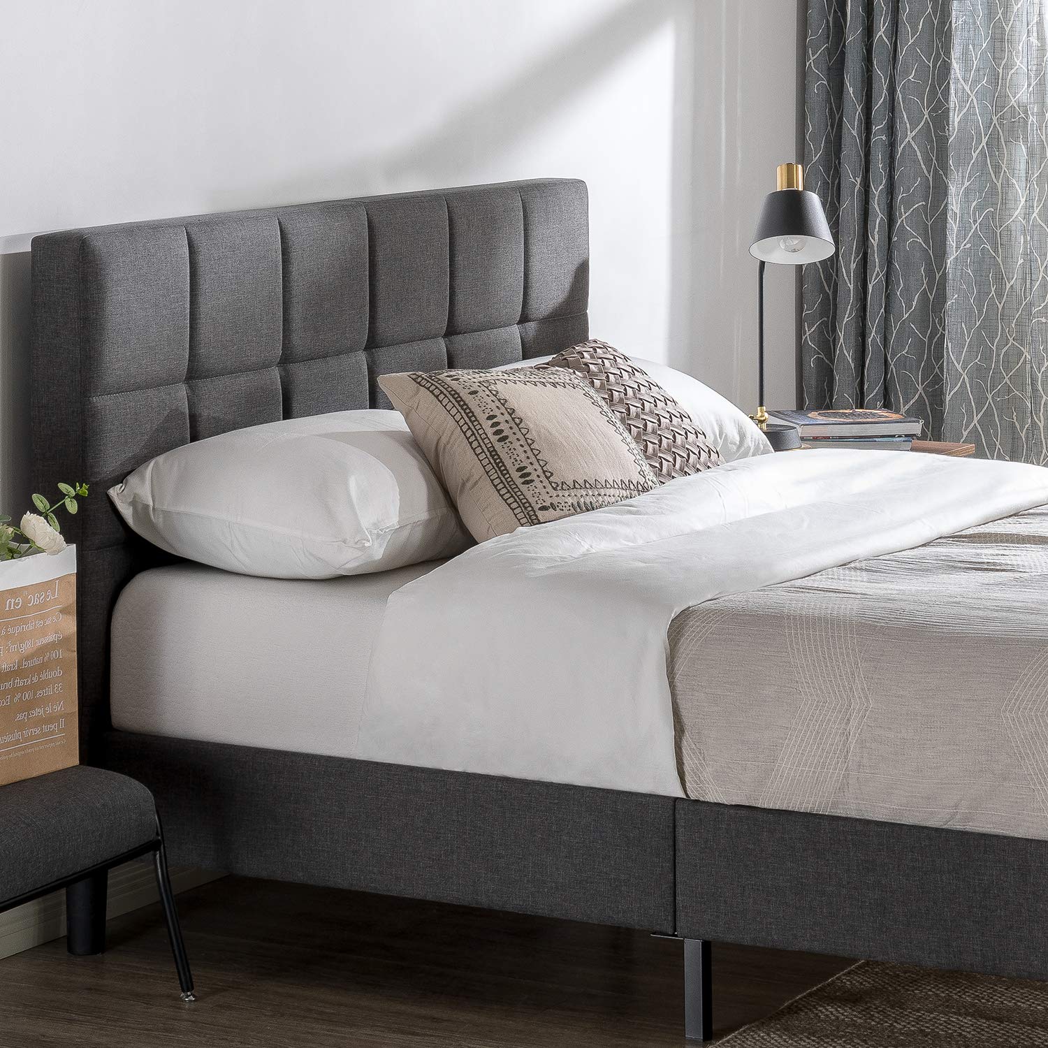 ZINUS Lottie Upholstered Platform Bed Frame with Short Headboard, Mattress Foundation, Wood Slat Support, No Box Spring Needed, Easy Assembly, Beige, Full