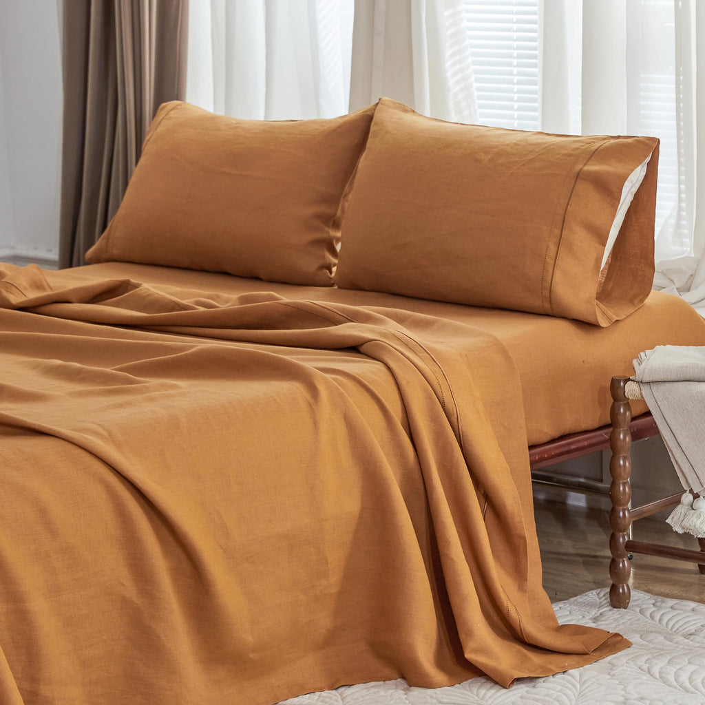 Simple&Opulence 100% Pure Linen Sheet Set Twin Size, Natural French Flax Solid Color 3 Pcs Washed Breathable, Farmhouse Bedding (1 Flat Sheet,1 Fitted Sheet,1 Pillowcase)-Embroidery Dark Grey