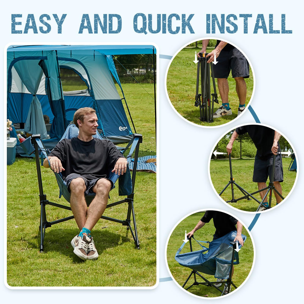Portal Hammock Camping Chair, Portable Outdoor Swinging Chairs with Adjustable Back and Height for Lawn, Backyard, Patio, Supports 400 lbs, Breathable Mesh High Back, Blue