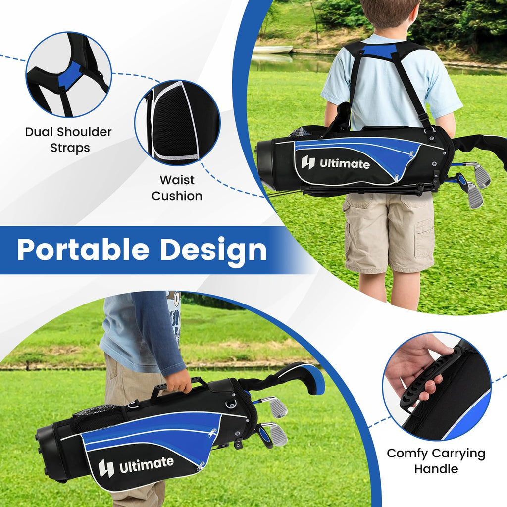 Tangkula Junior Golf Club Set for Children Right Hand, Includes #3 Fairway Wood & #7/#9 Irons, Putter, Head Cover & Rain Hood, Golf Stand Bag, Perfect for Children, Kids