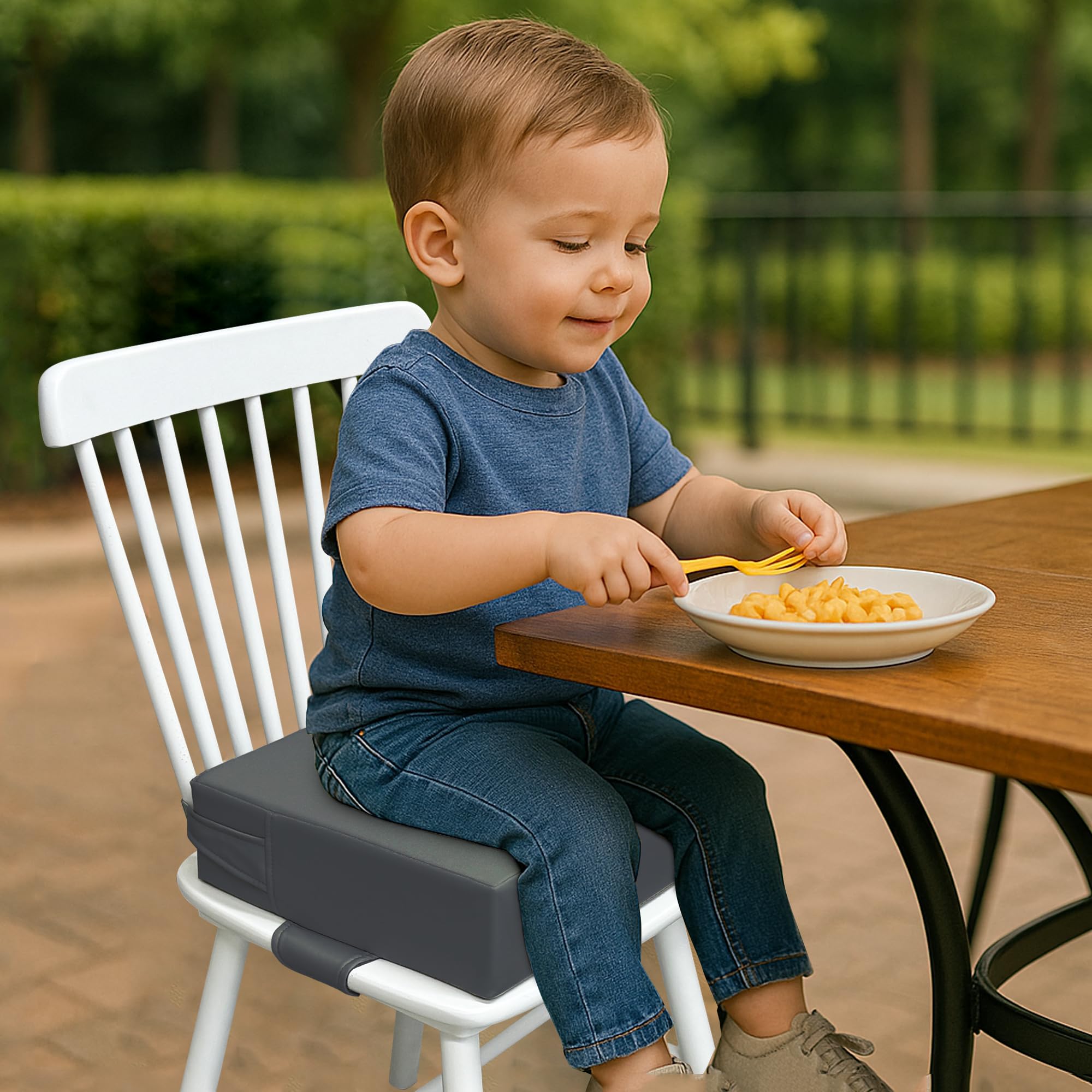 Toddler Booster Seat for Dining Table – PU Washable Cushion with Double Safe Straps, Non-Slip Bottom, Portable Travel Booster Seat for Toddlers (Dark Brown)