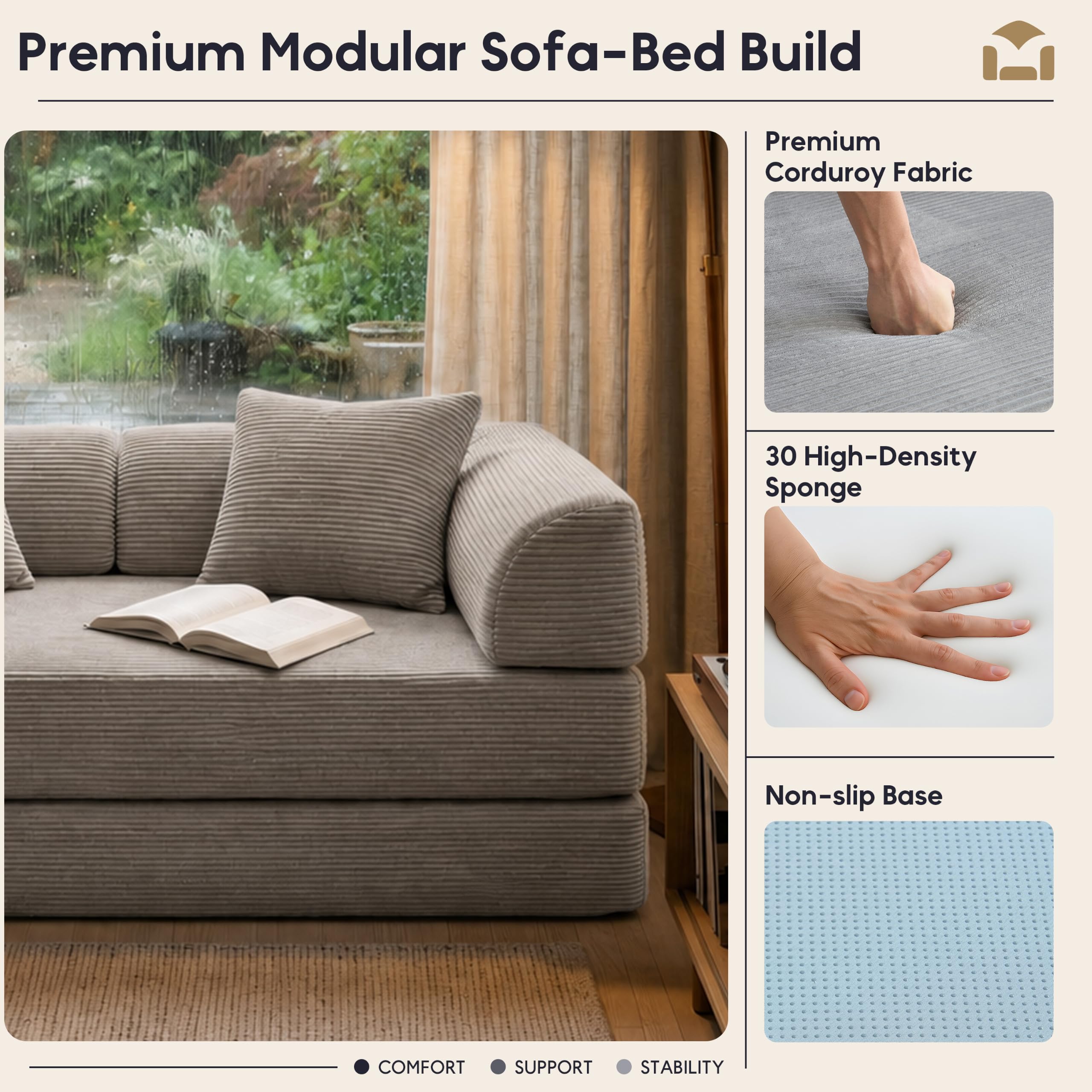 ZEIINPA 59“ Convertible Floor Sofa Bed, 5-in-1 Futon Sofa Bed Pull Out Sleeper Couch, Modern Corduroy Compressed Loveseat, Modular Boneless Couches for Living Room, No Assembly Required, Beige