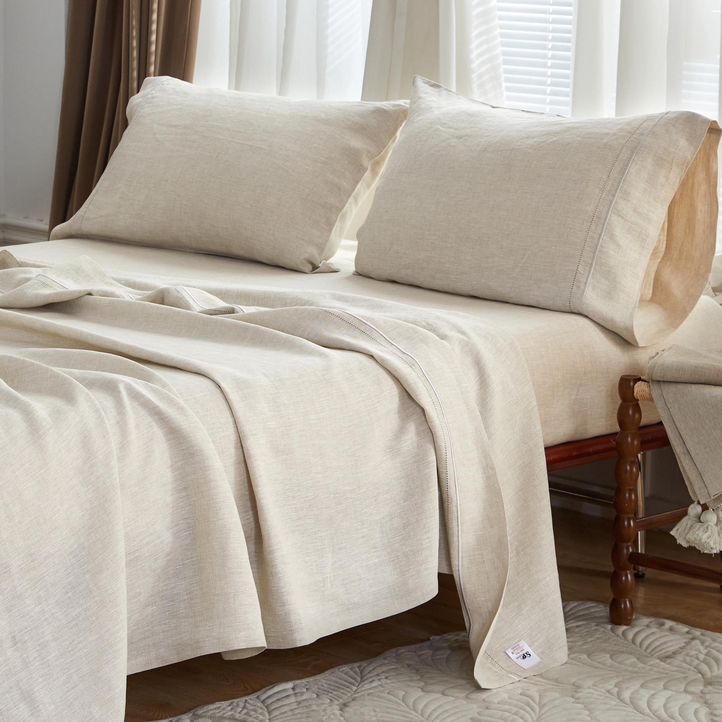 Simple&Opulence 100% Pure Linen Sheet Set Twin Size, Natural French Flax Solid Color 3 Pcs Washed Breathable, Farmhouse Bedding (1 Flat Sheet,1 Fitted Sheet,1 Pillowcase)-Embroidery Dark Grey