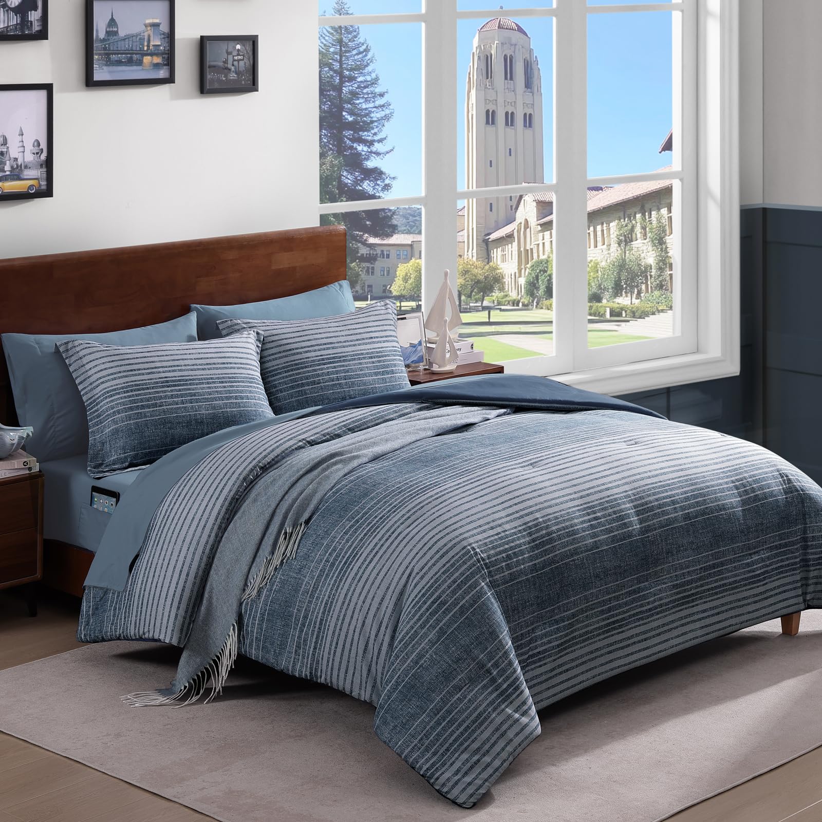 AMBERSPACE Plaid Twin XL Comforter Set Black, Reversible Checkered Bedding Set 5 Pieces for Boys Girls Teen, Lightweight Bed in a Bag for Dorm with Sheets, Pillowcase & Sham