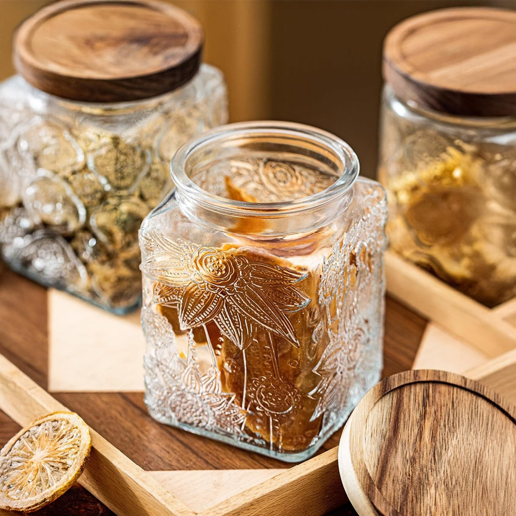 Custde Glass Storage Jars With Airtight Lid, 23.7oz Container For Kitchen Counter with Wooden Lid, brown sugar, candy, coffee, cookie, salt, tea, cute Jar (35oz Large Begonia Flowers)