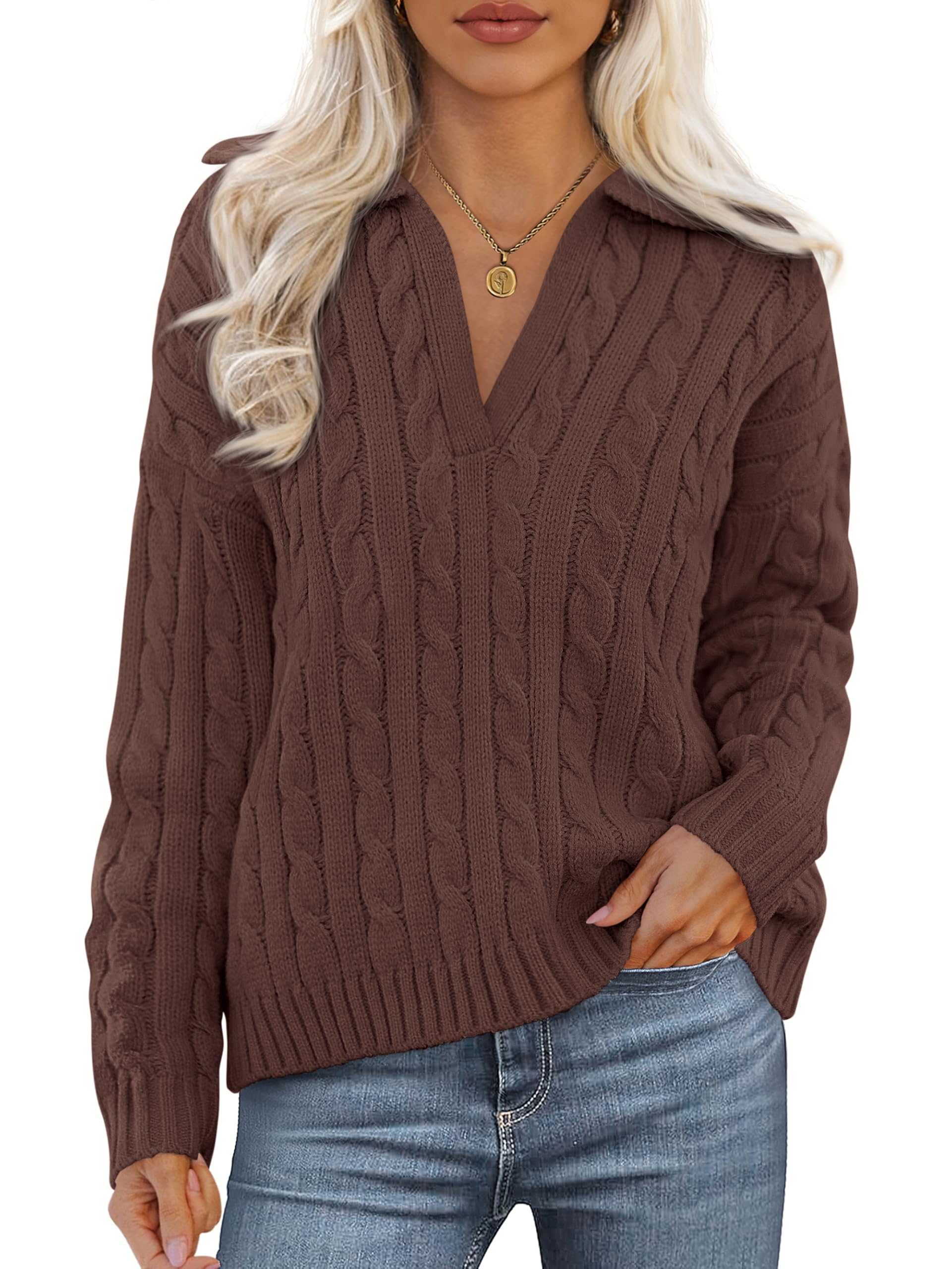 PRETTYGARDEN Spring Cable Knit Oversized Sweaters for Women 2026 Polo V Neck Long Sleeve Casual Chunky Sweater Pullover Tops