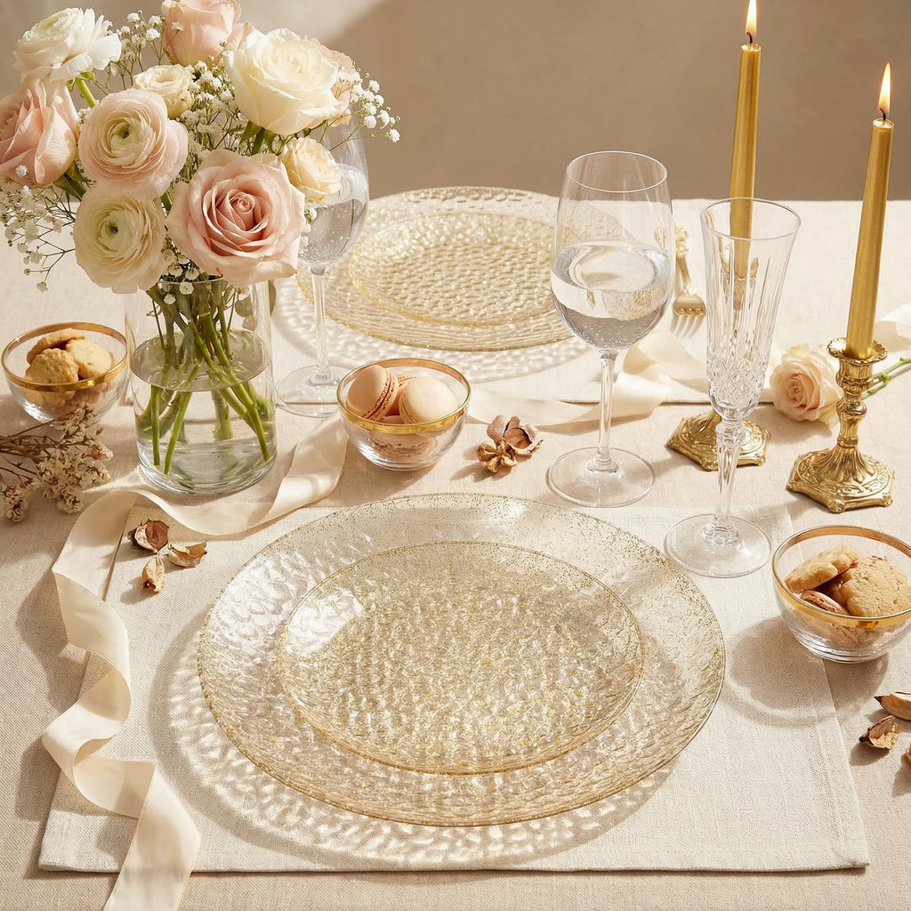 Rubtlamp 100Pcs Amber Gold Plastic Plates, Disposable Plates With Gold Rim, Heavy-duty Party Platos, Hammered Plastic Plates Include 50 Clear Dessert Plates, 50 Dinner Plates for Party