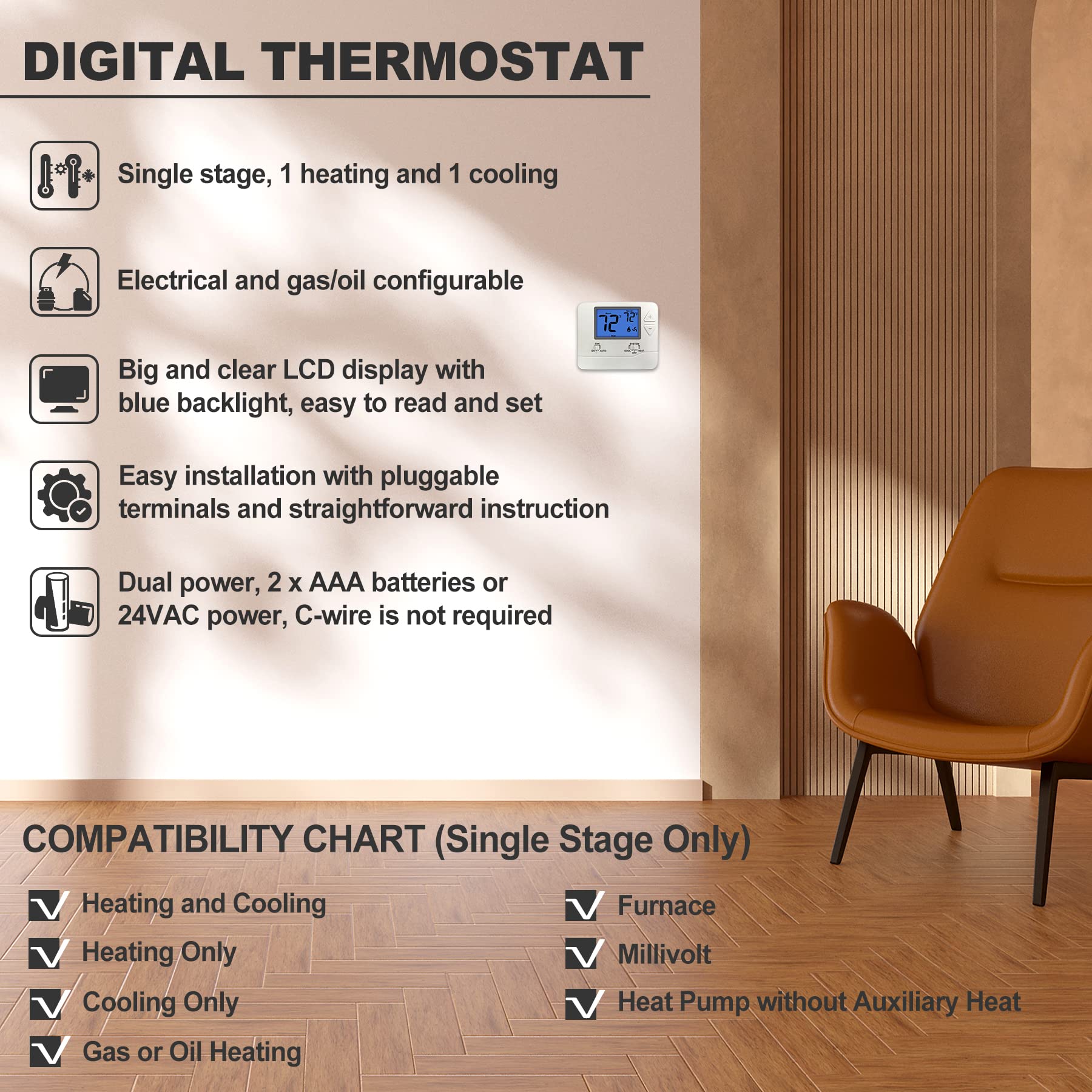 ELECTECK Non-Programmable Digital Thermostat for Home, up to 1 Heat/1 Cool with Large LCD Display, Compatible with Single Stage Electrical and Gas/Oil System, Black